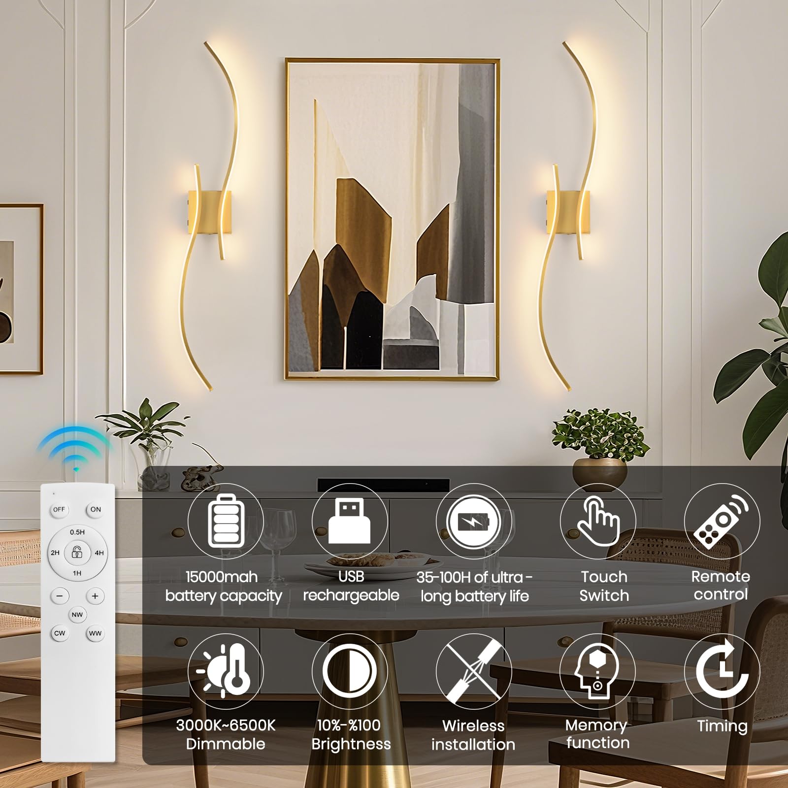 CANEOE Wall Sconce Set of 2, 18000mAh Dimmable LED Lights, 39.37" Gold, Rechargeable with Remote Control, Model WL-100SBL