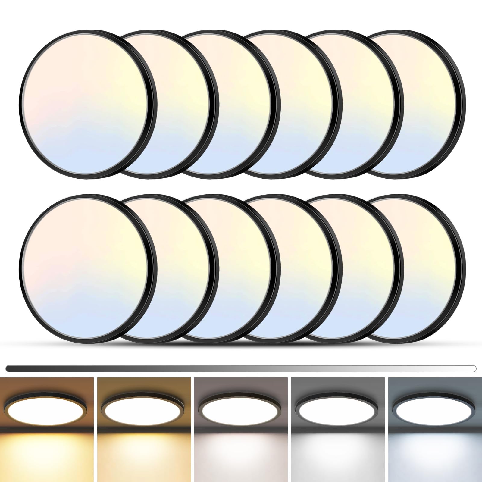 zemty 12Pack LED Flush Mount Ceiling Light  12Inch 24W Dimmable Ceiling Lights Fixture  5 Color Temperatures (3000K-6500K) Black Round Ceiling Lamp for Bedroom  Kitchen  Hallway Bathroom