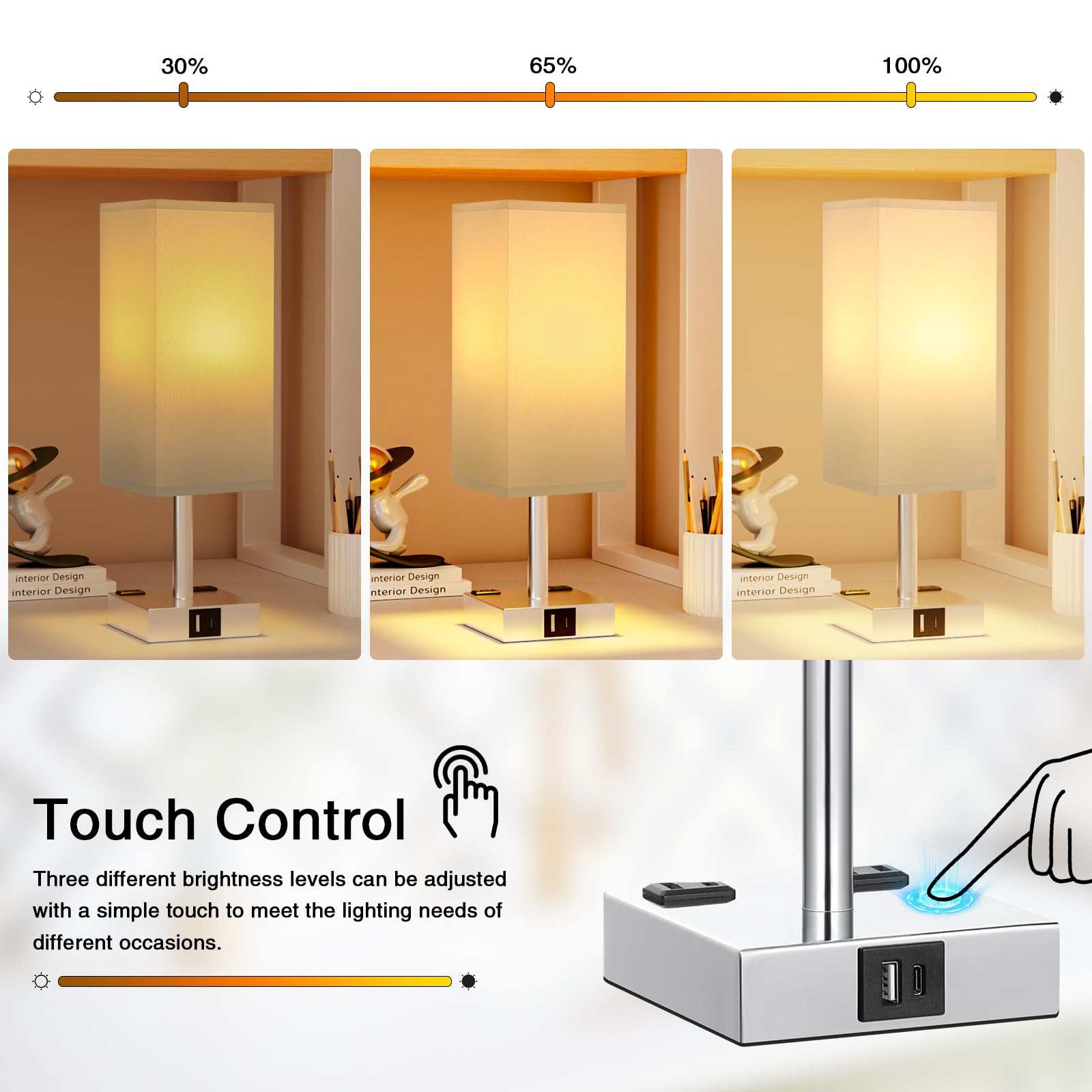 aooshine Touch Bedside Table Lamp - 3-Way Dimmable, USB A & Type C Ports, 14in, White & Silver, Includes E26 LED Bulb