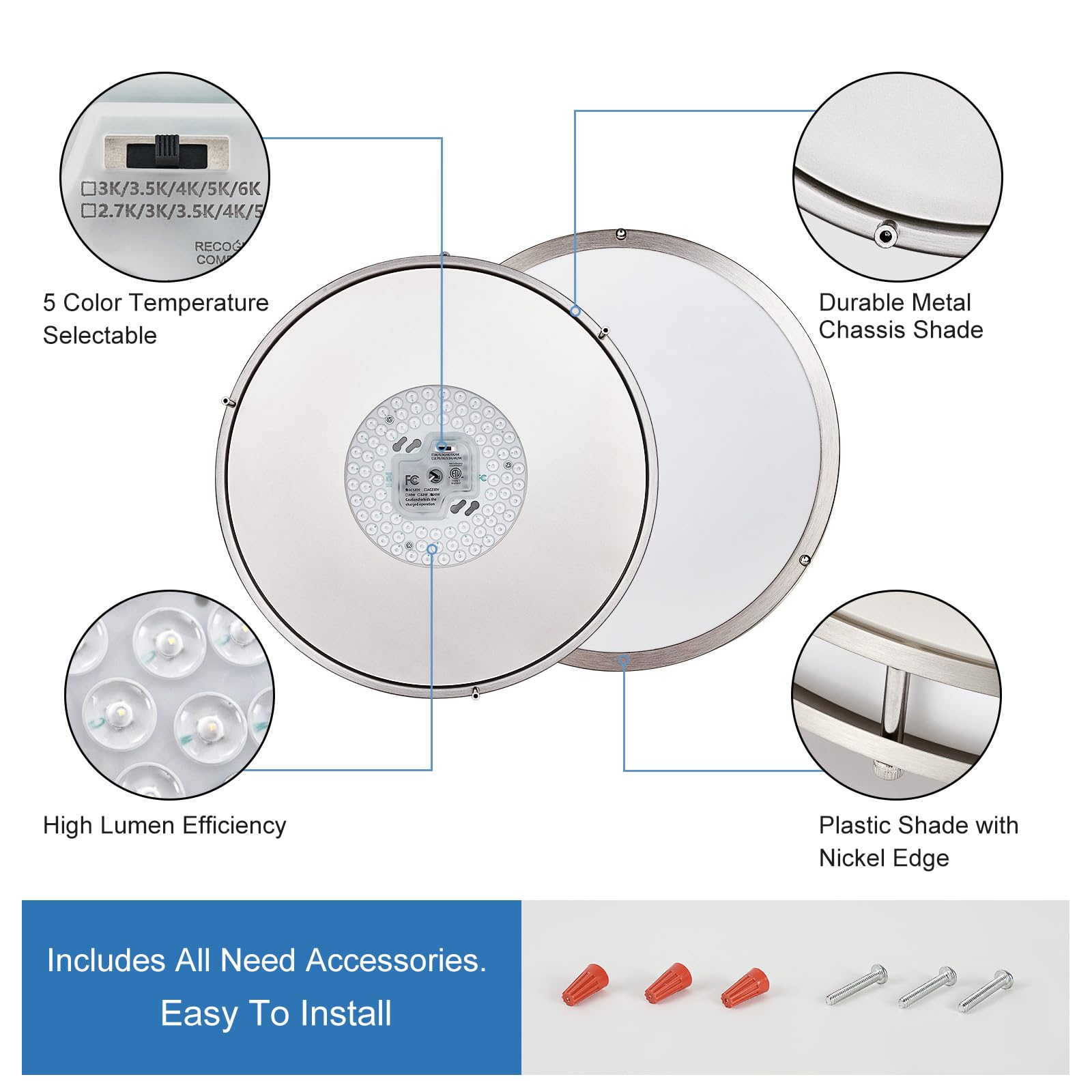 Dllt 2Pack Flush Mount Led Ceiling Light: 16 Inch 5Cct (3000K-6000K) & Dimmable Ceiling Light Fixtures For Bedroom Hallway - 36W Modern Brushed Nickel Super Bright Kitchen Lighting Fixtures Ceiling