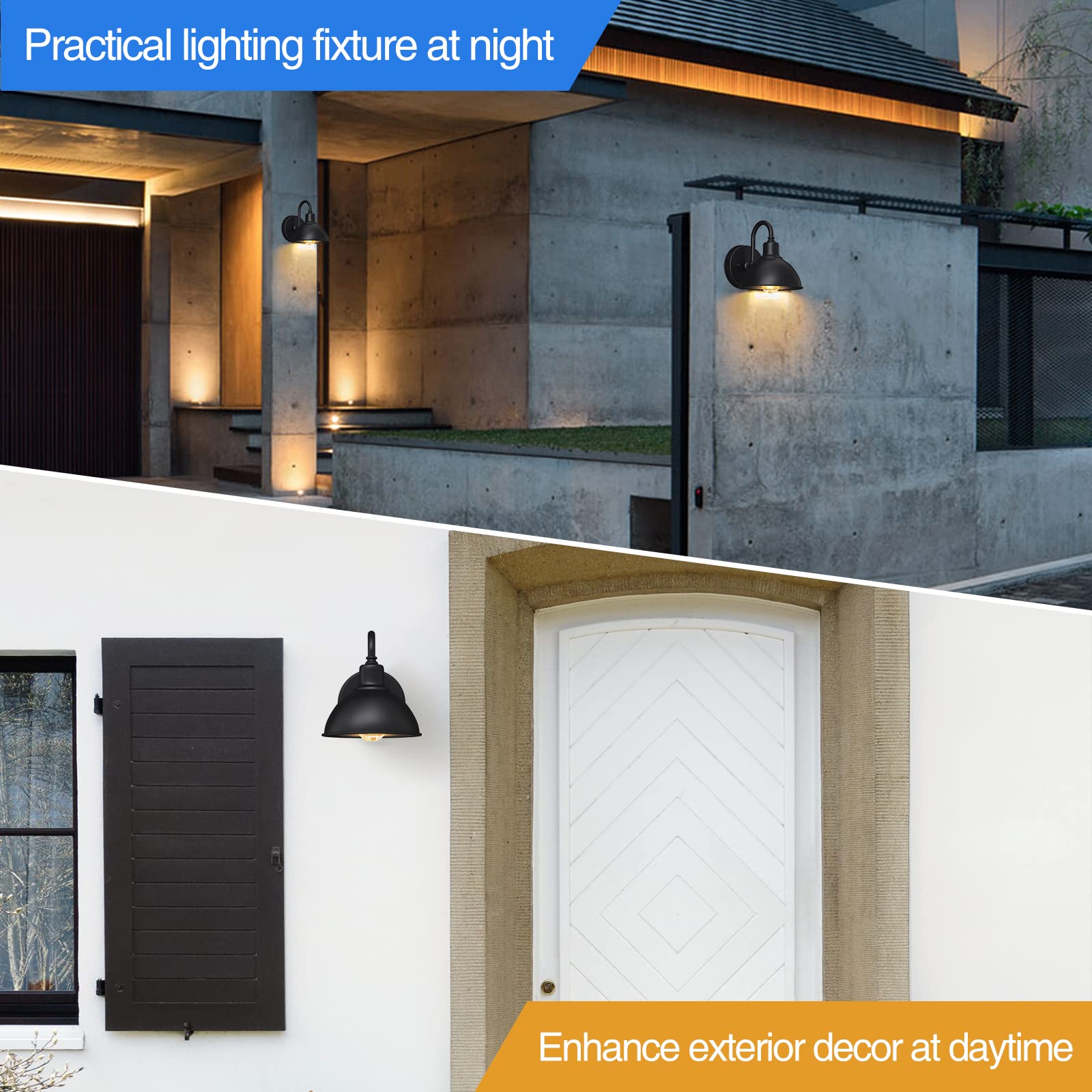 Naurham Gooseneck Light - Black Metal Outdoor Sconce, 1-Light, 6.4in Diameter for Patios, Porches, and Garages