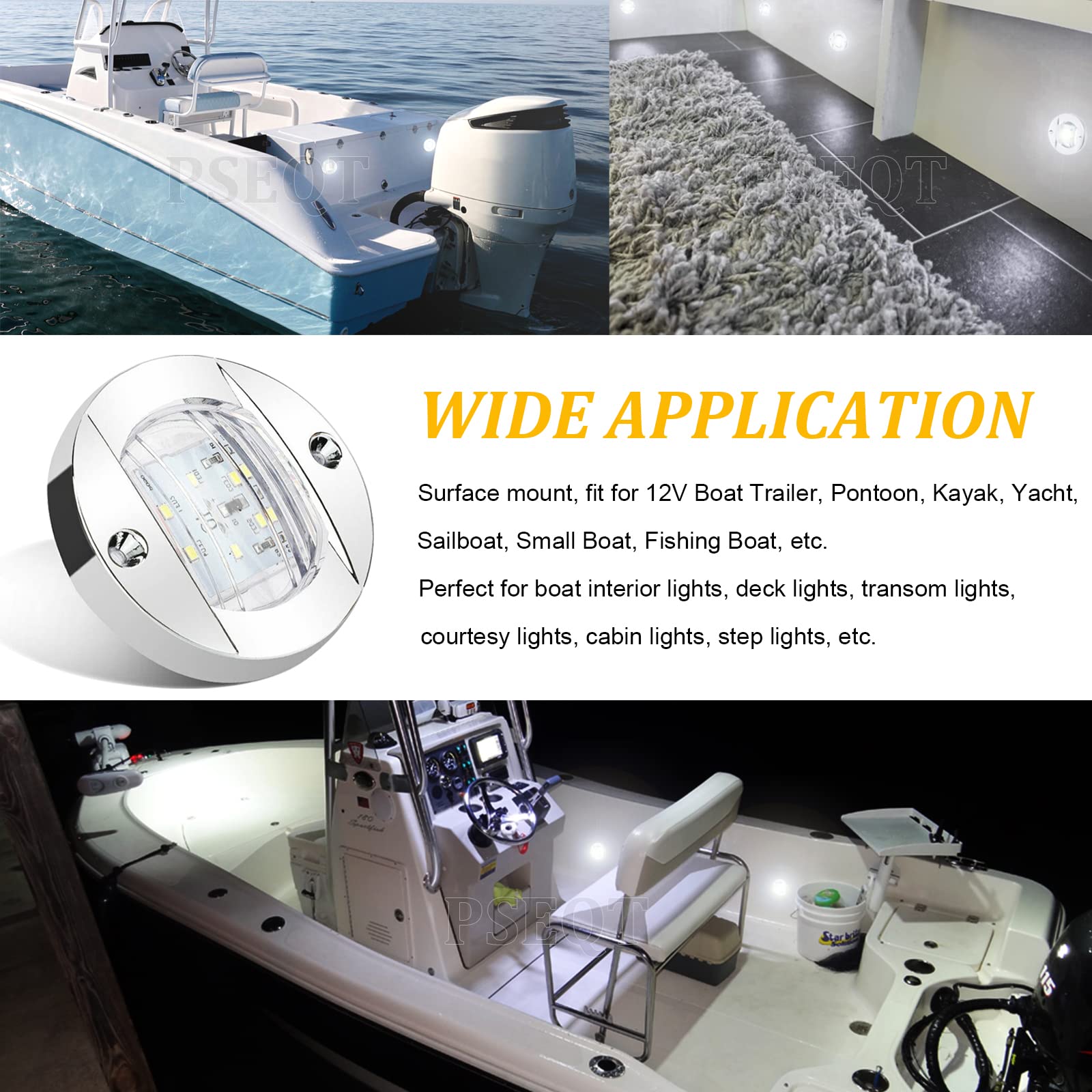 PSEQT 4Pcs Marine Boat Interior Lights, 12V LED Round 3in  White Surface Mount, Model PSEQTSE03W4P