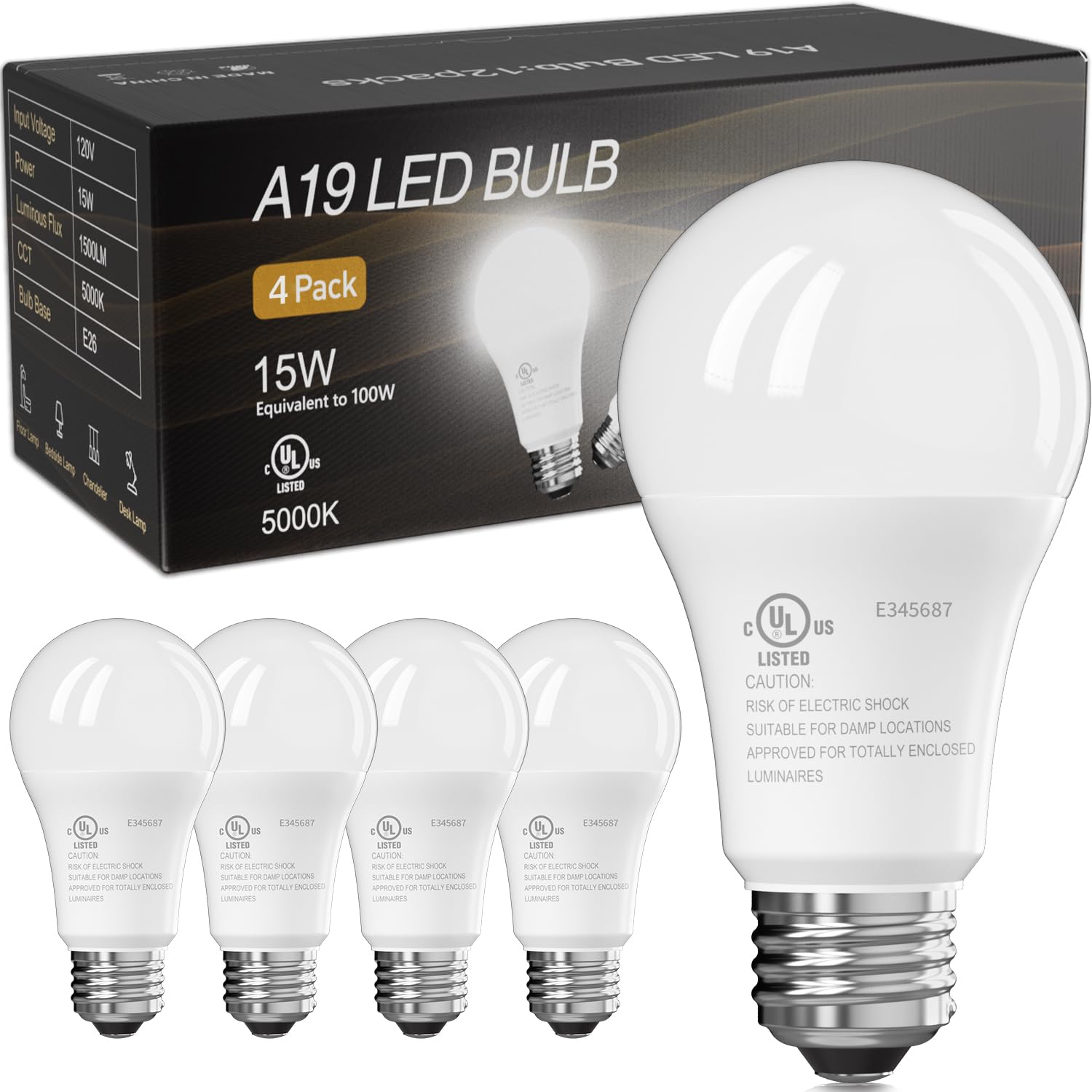 Tjoy Led Light Bulbs, 100 Watt Equivalent A19, 5000K Daylight Led Bulb, 15W Bright White Energy Saving Lightbulbs With E26 Stand