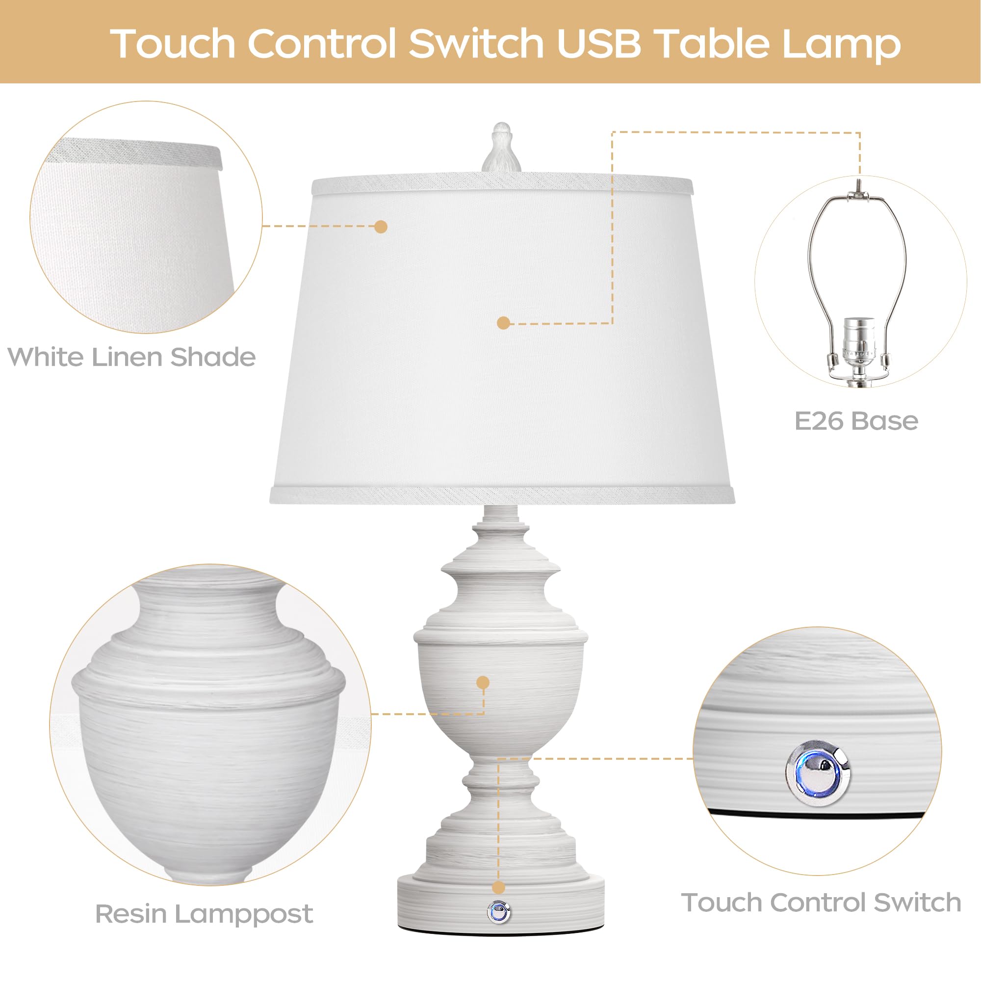 Vpazg Modern Farmhouse Table Lamps Set Of 2, Usb, 3-Way Dimmable, White Linen Shade, Bul