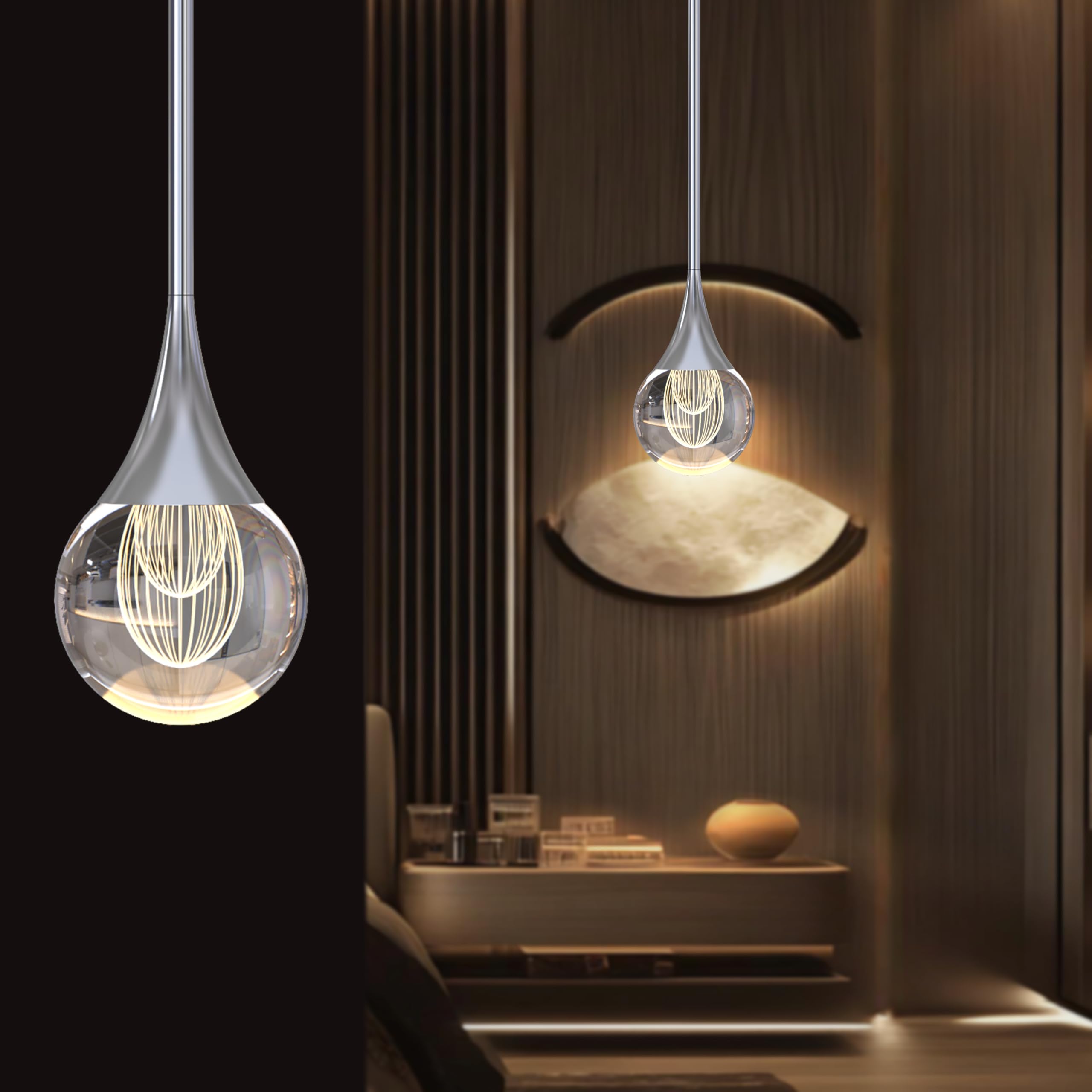 3-Pendant Lights Kitchen Island  Silver Crystal Globe Ceiling Hanging Light Fxitures  LED Light Fixtures Metal Rod Ceiling Glass Pendant Lighting for Kitchen Island Dining Room Bar