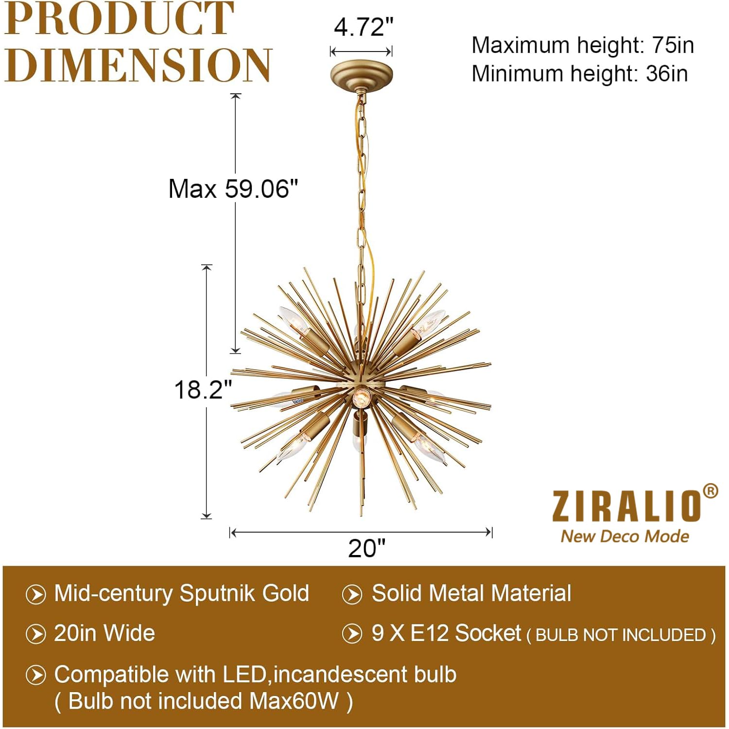 ZIRALIO Modern Gold Sputnik Chandelier, 20" 9-Light Geometric Light Fixture for Dining Room, Kitchen, Bedroom, Living Room, Model Y2239GD