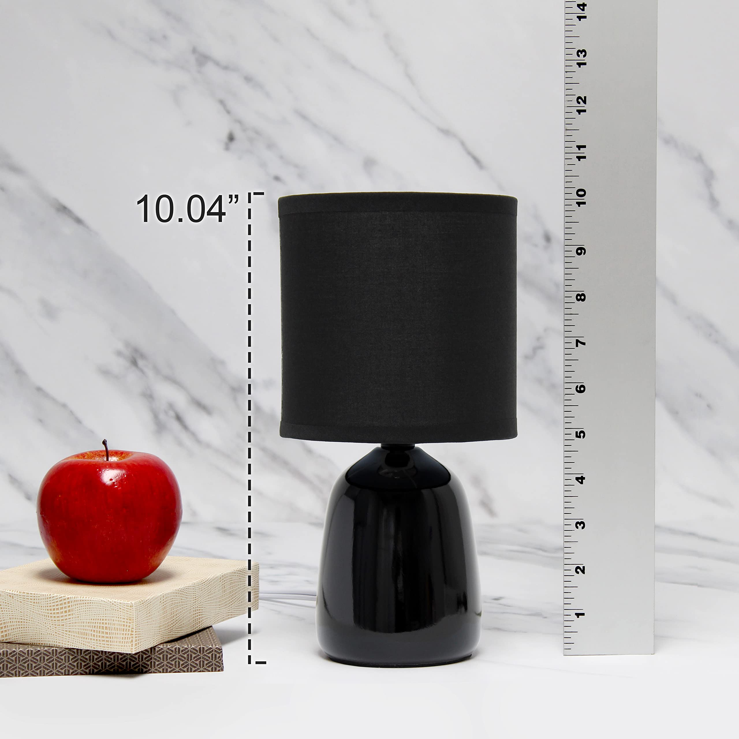 Simple Designs LT1134-BLK Ceramic Bedside Table Lamp, 10.04in Tall, Black Fabric Shade, 5.12inL x 5.12inW, for Bedroom & Living Room
