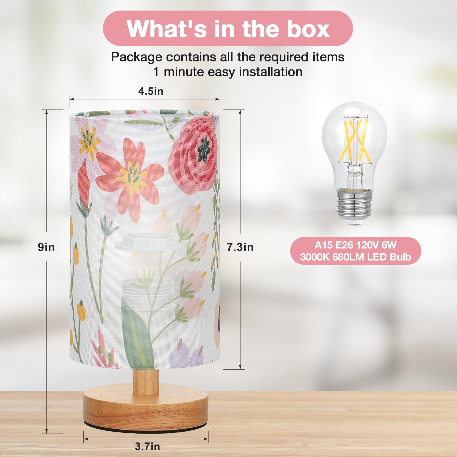 Fenmzee Floral Table Lamp For Bedroom - Inline Control, Small Bedside Lamp With 3000K A15 Led Blub, Easy Assembly (Floral White