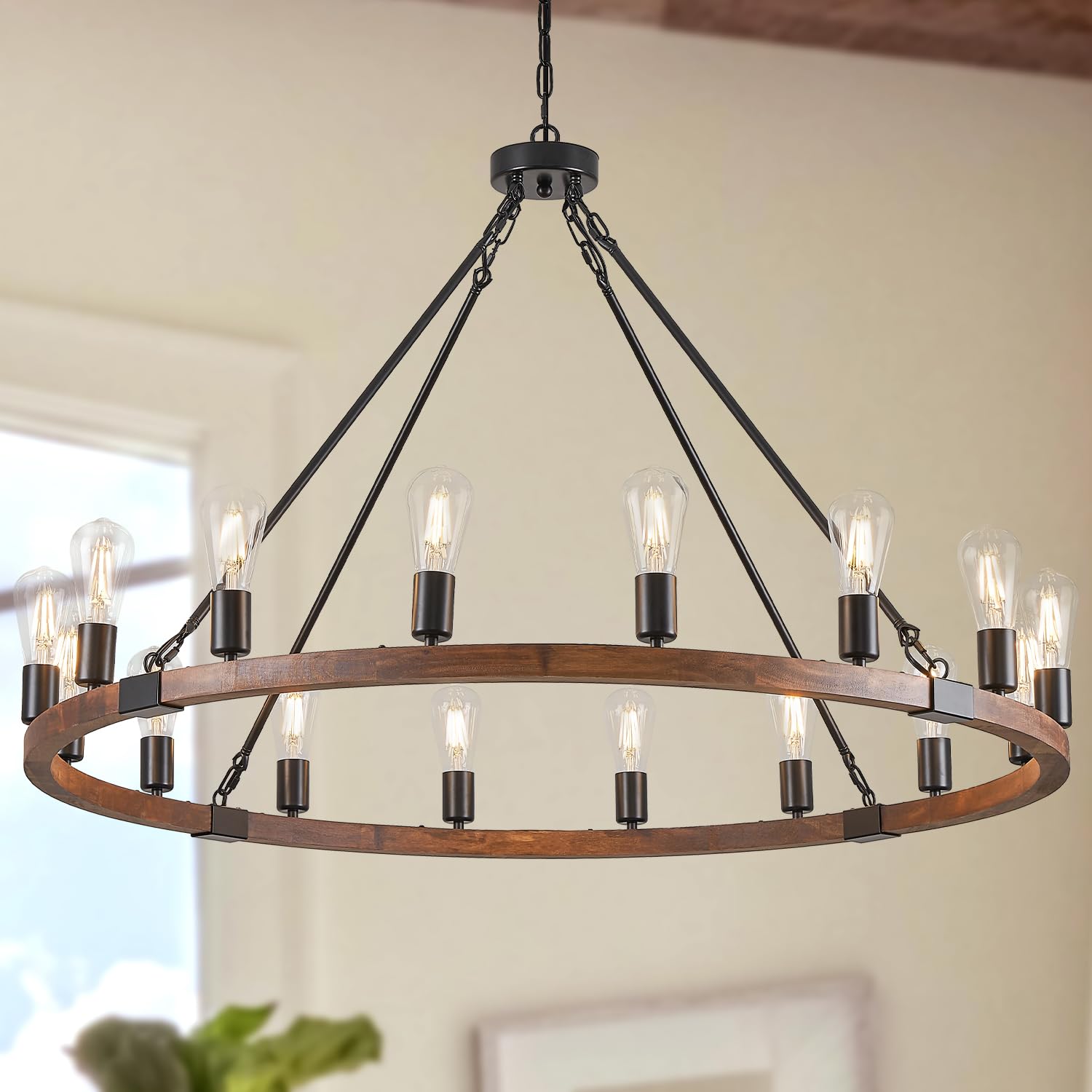 Poemoon 16 Lights Farmhouse Wagon Wheel Chandelier 43.3 Rustic Wooden Light Fixture Black Round Chandelier Industrial for High Ceiling Living Dining Room Foyer Villa