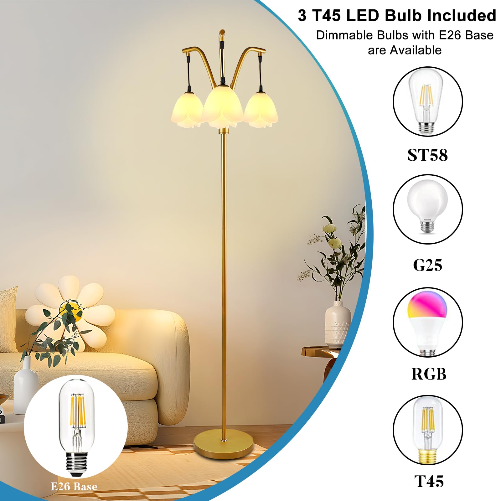 Lightdot Industrial Tree Floor Lamp, Dimmable, E26 LED Bulbs Included, Gold, Model LFLL-M-DC