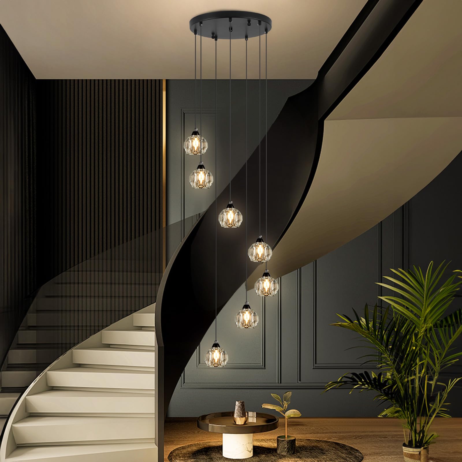 Weesalife 7-Light Black Crystal Chandelier for High Ceilings - Modern Pendant Light Fixture for Living Room, Kitchen, Foyer