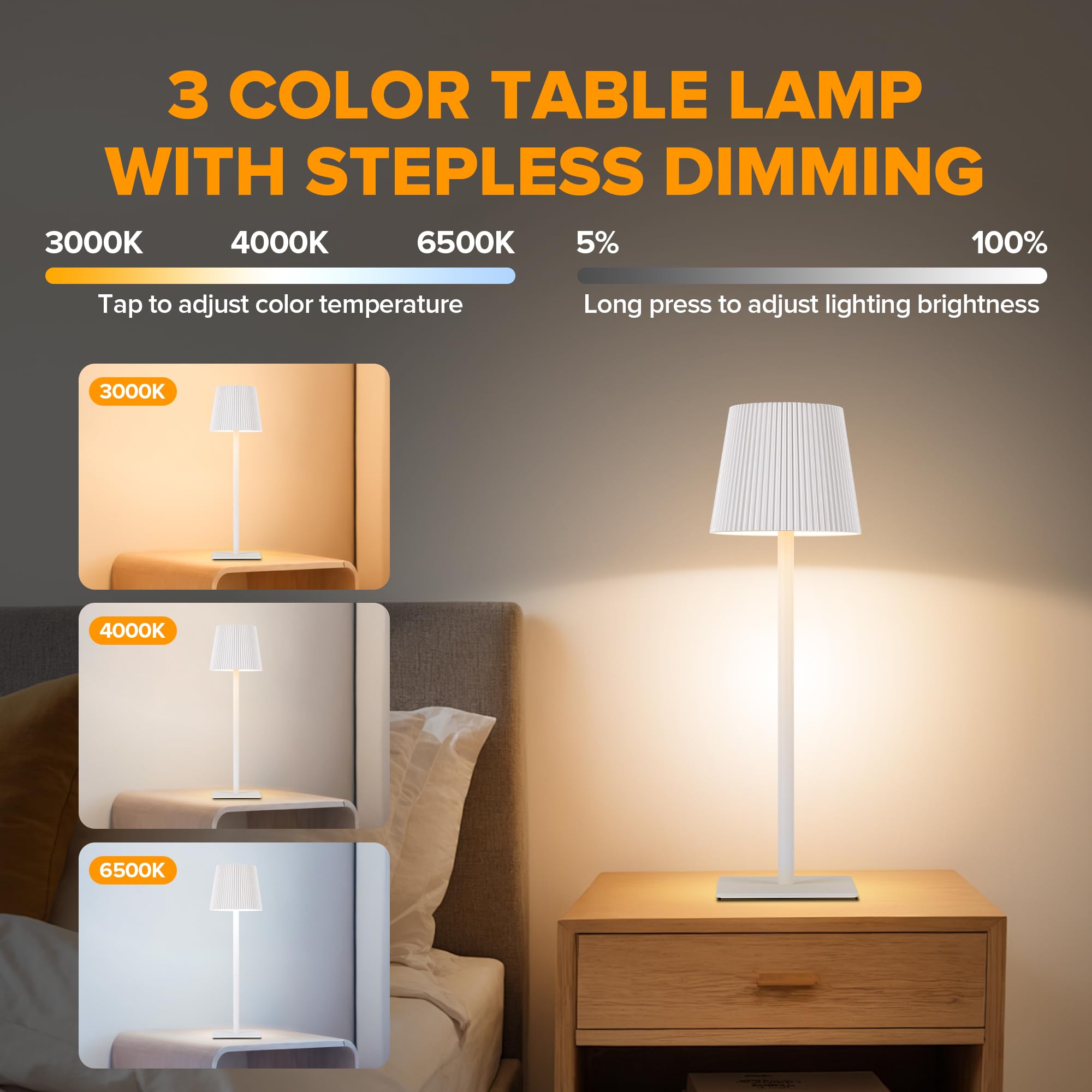 LUTEC Cordless Table Lamp 2 Pack, 6000mAh Rechargeable, Waterproof, Touch Control, 14.57" - White, Model 850330-2pcs