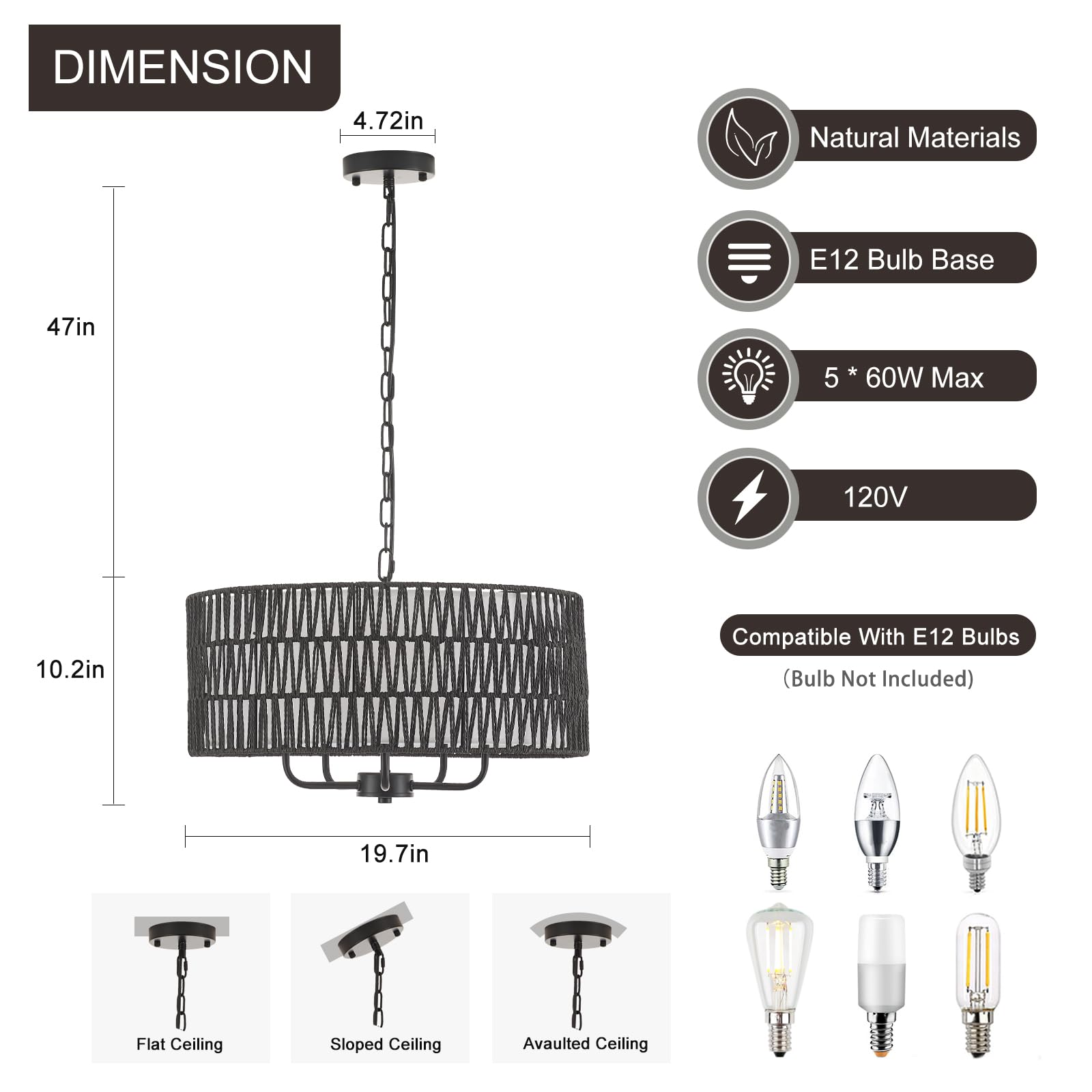 YOMECOO Black Rattan & Linen Boho Chandelier, MD218-hei, Vintage Farmhouse Drum Light Fixture for Dining Room, Kitchen, Living Room