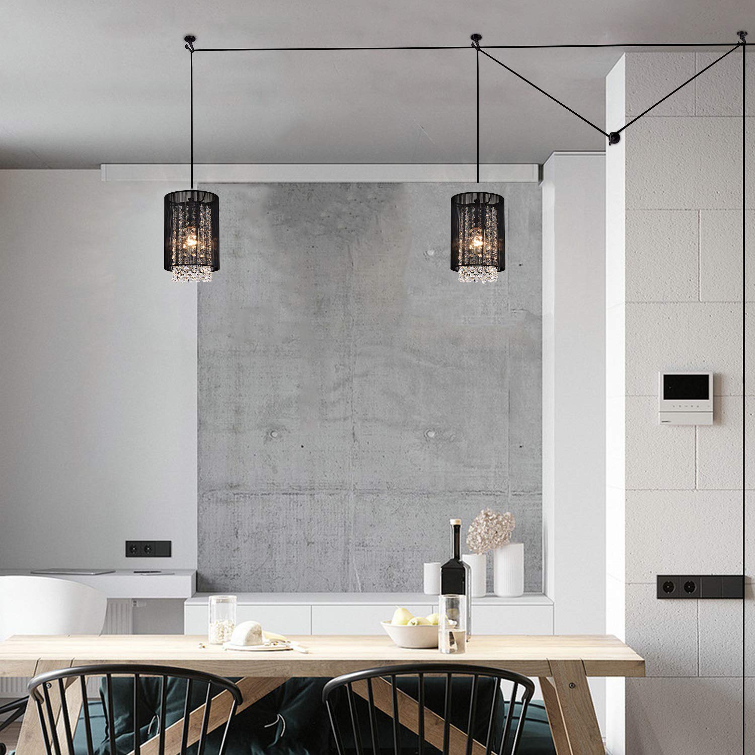 LaLuLa Mini Chandelier, Black Metal and Crystal, 5.9in Easy to Install Light for Bedroom, Nursery, Bathroom, Office