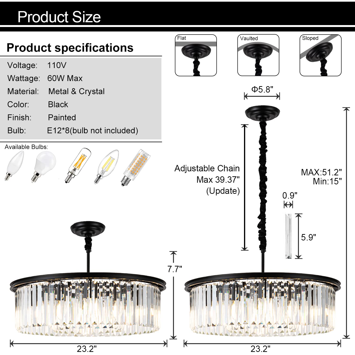 Faibra 23" Black Crystal Chandelier 8-Light Modern Crystal Pendant Ceiling Light Fixture 2 Rings Luxury Chandeliers,For Dining Room Kitchen Island Living Room Bedroo