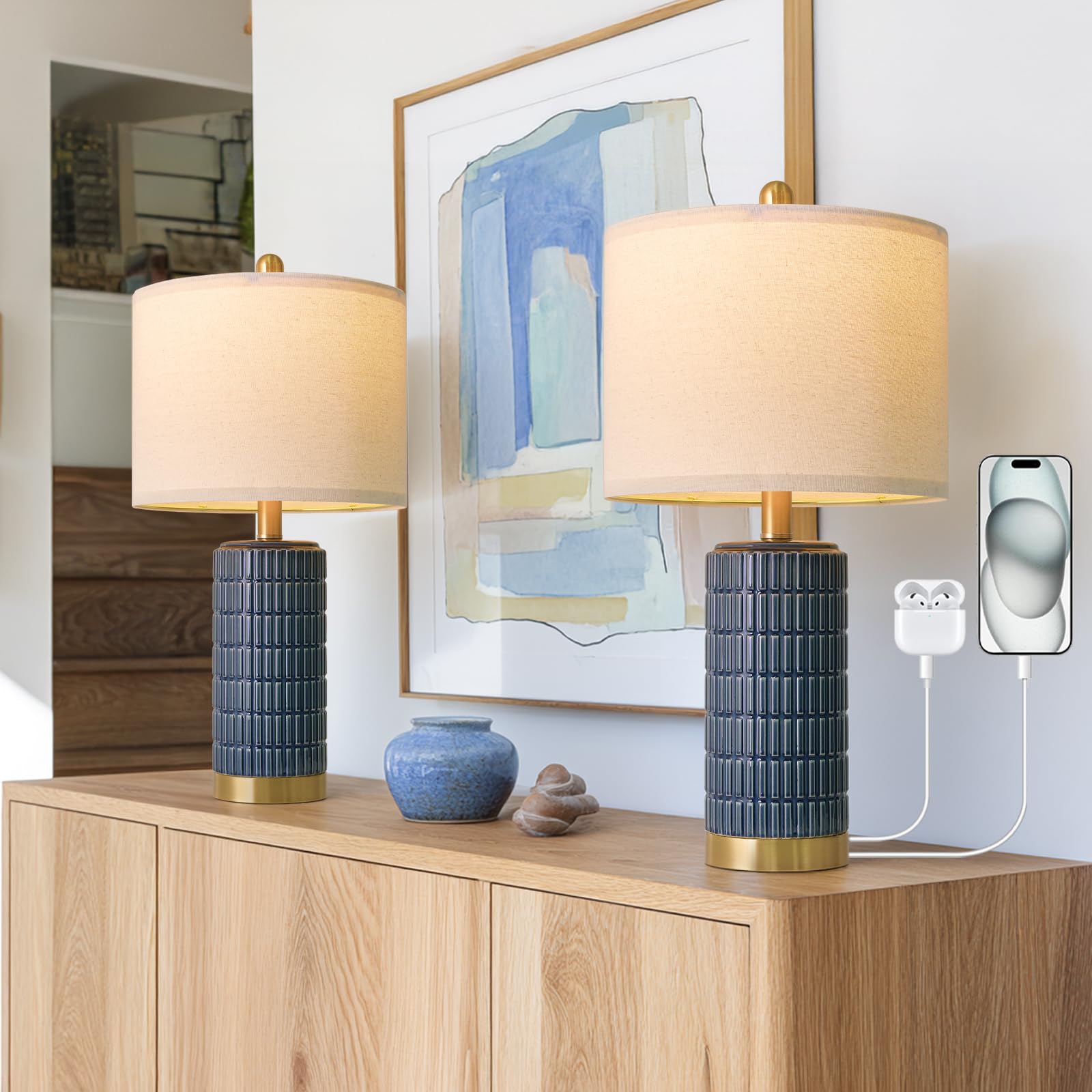 PoKat 21.5 Bedside Table Lamps Set of 2 with USB A+C Ports for Living Room  Ceramic Modern Lamps for Bedroom  Small Nightstand Lamps for Office Guest Room Hallway Sideboard Gift Decor (Blue)