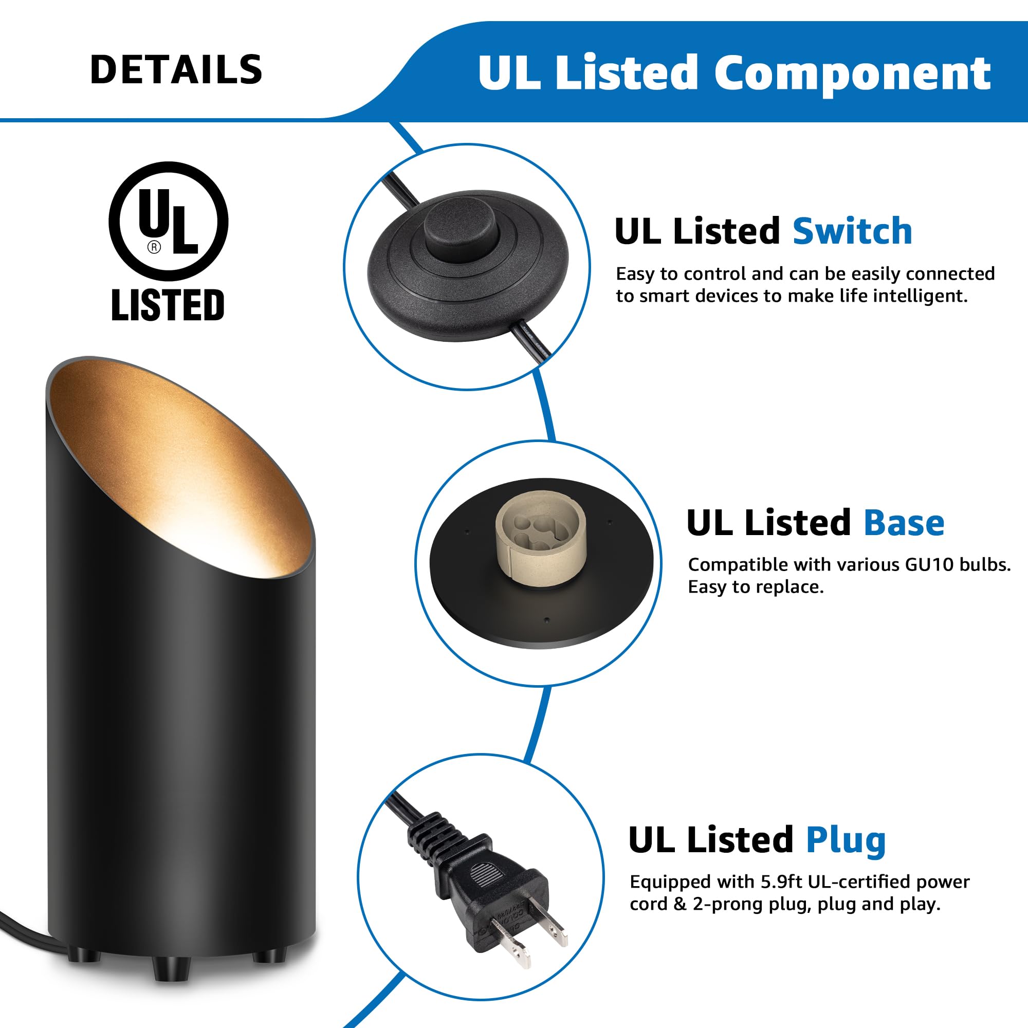 Sunvie 2 Pack Indoor Uplights With 2700K Gu10 Bulb, Black Accent Spotlights For Home Decor