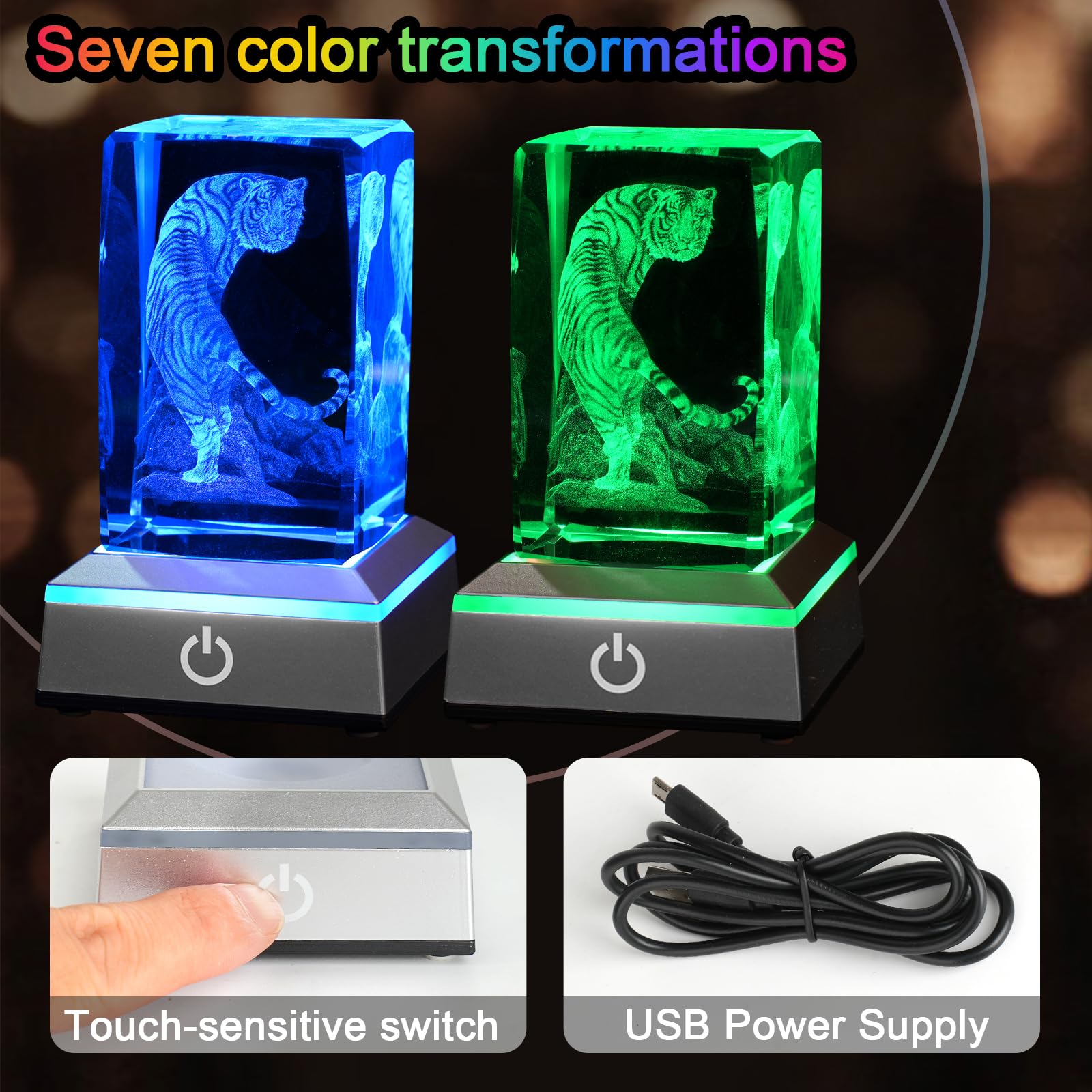Eicxjui 3D Tiger Crystal Night Light With Multicolor Led Base Glass Laser Engraved White Tiger Lamp Figurines Gifts For Boys Gir