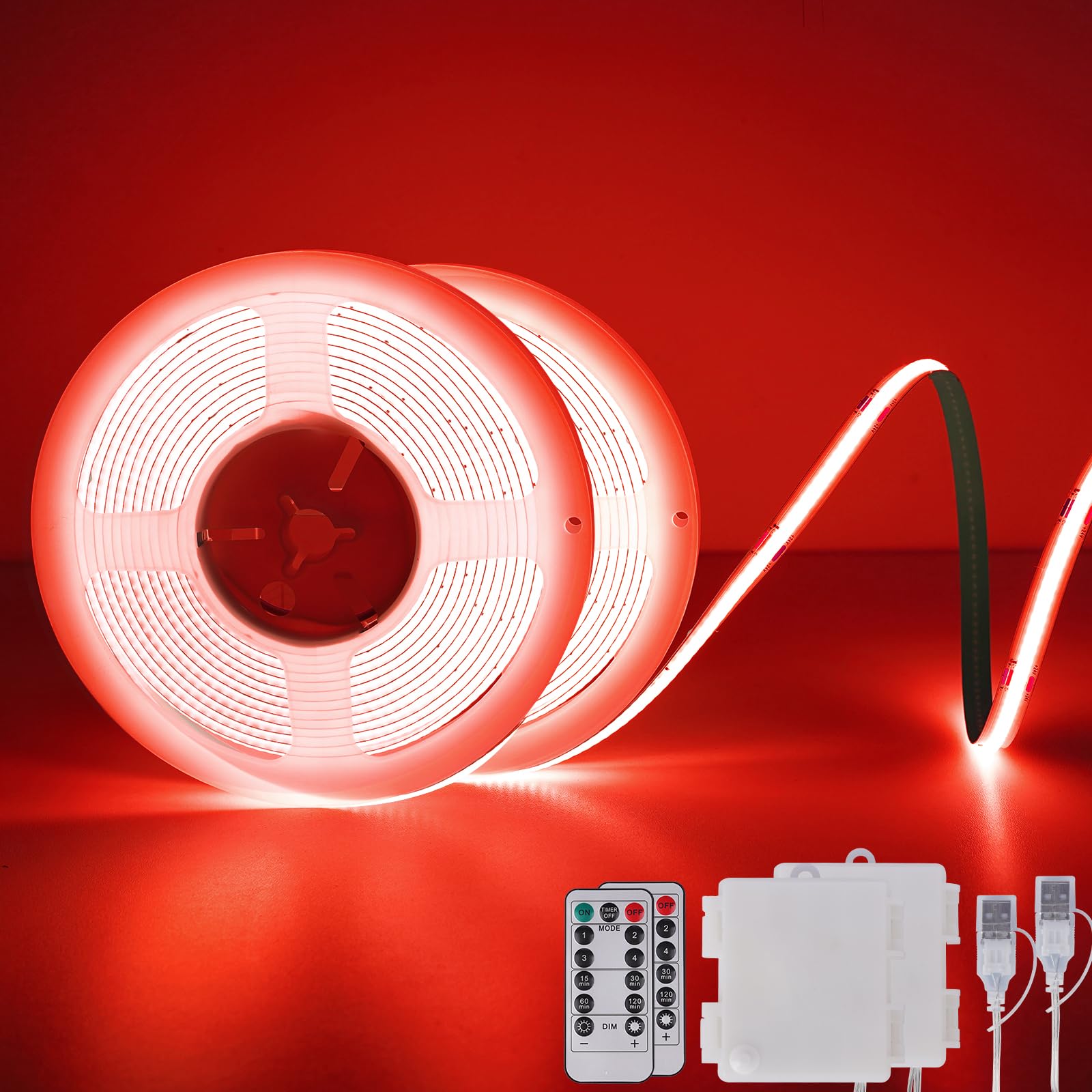 OMIKA Red COB LED Band Lights Battery Powered  6.56FT 640LED Light Band Dimmable Cuttable Flexible LED Lights with Remote for Boat  Cars Motorcycles  Computer  Party  TV Wall  DIY Decor(2 Pack)