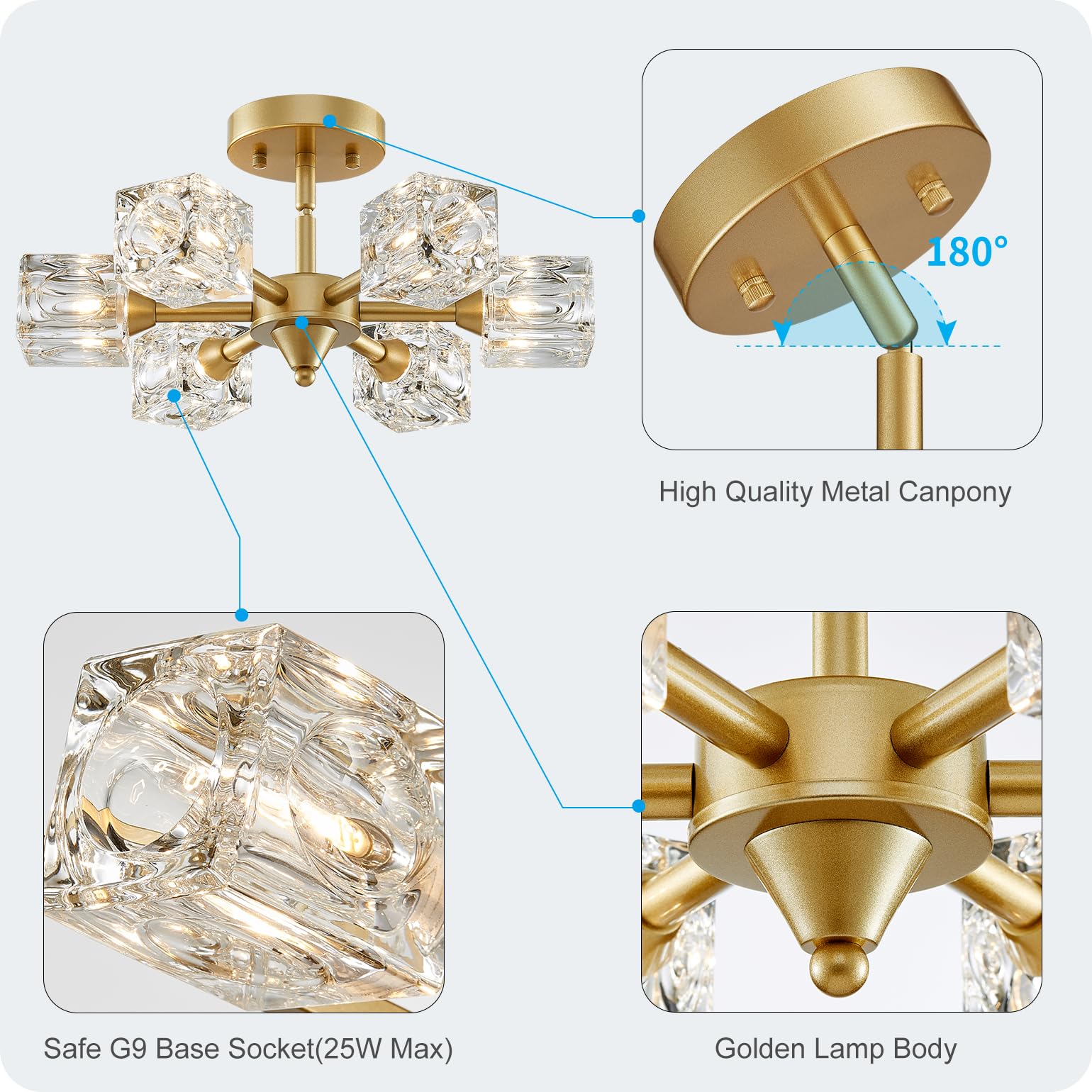 Xingqi Gold Glass Chandellier Semi Flush Mount Ceiling Light Fixture Modern 6 Lights Small Sputnik Chandelier, Antique Chandelie