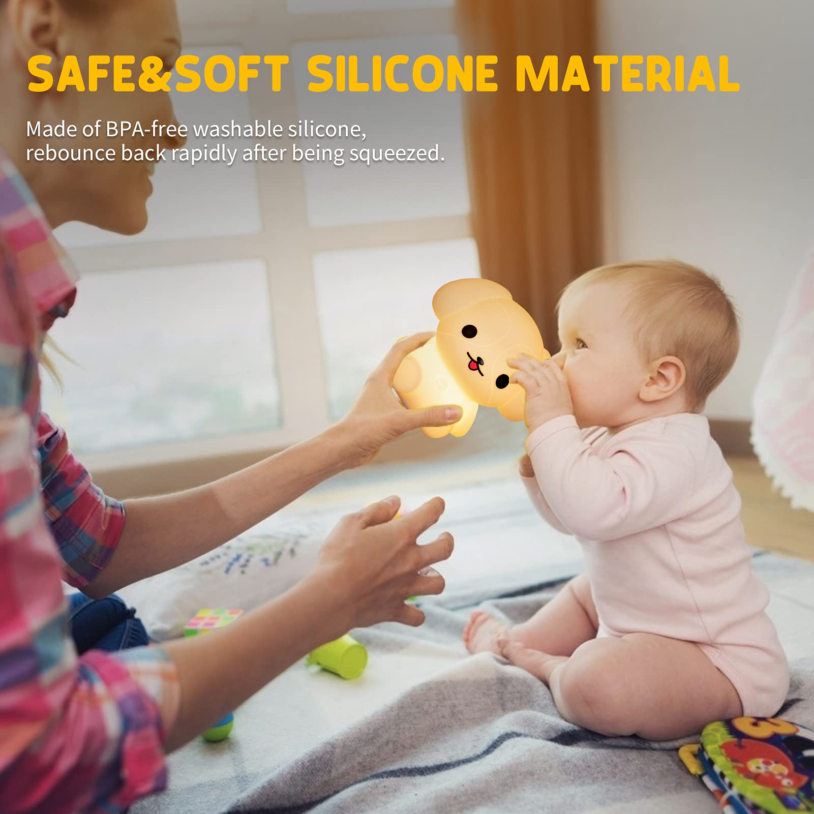 ShaArkMango LED Night Light for Kids, Dimmable Silicone Rubber Puppy Lamp, Rechargeable Bedside Nursery Light