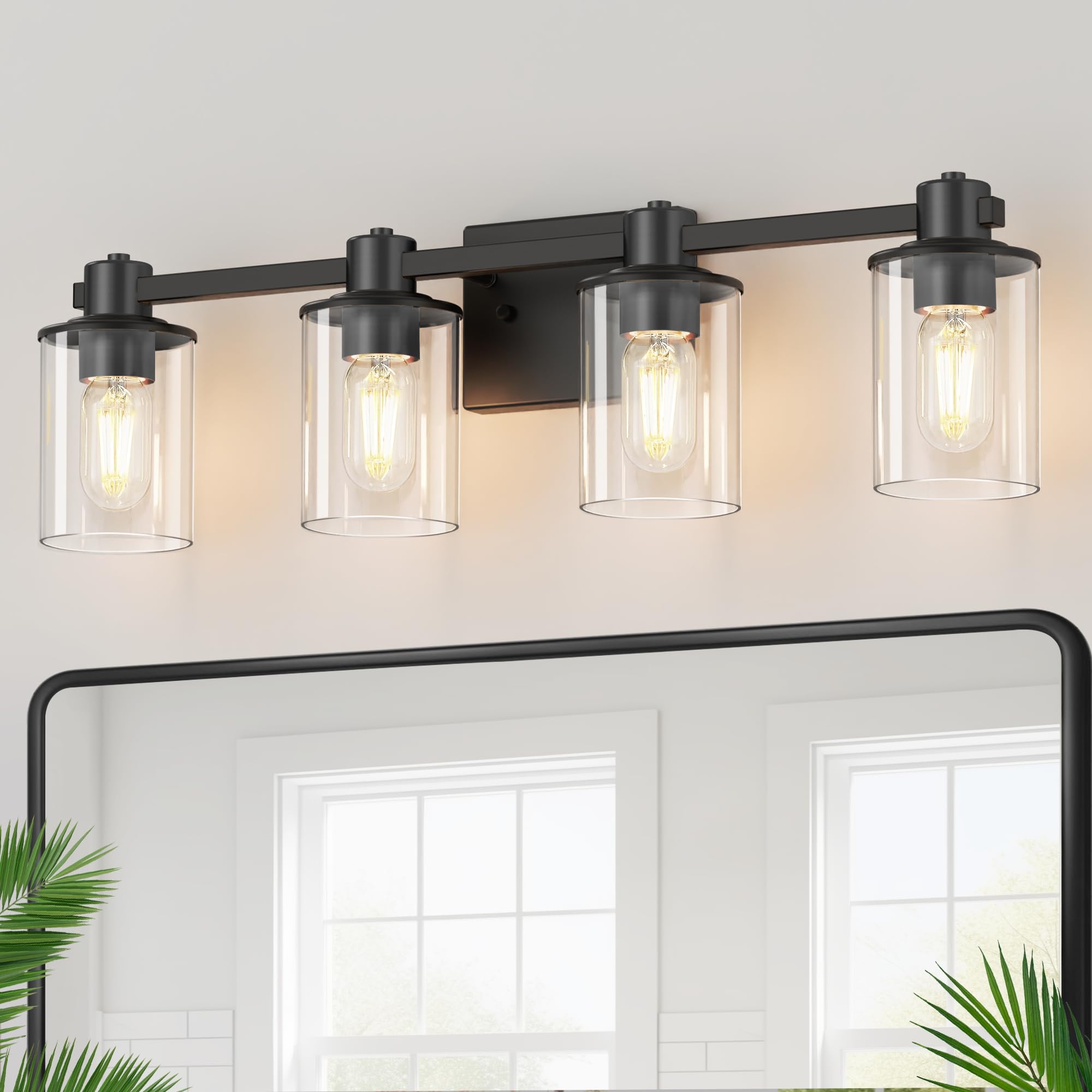 DORESshop 4-Light Black Bathroom Light Fixtures, Modern Glass Shade Vanity Lights, Model DORESshop-BL-4L