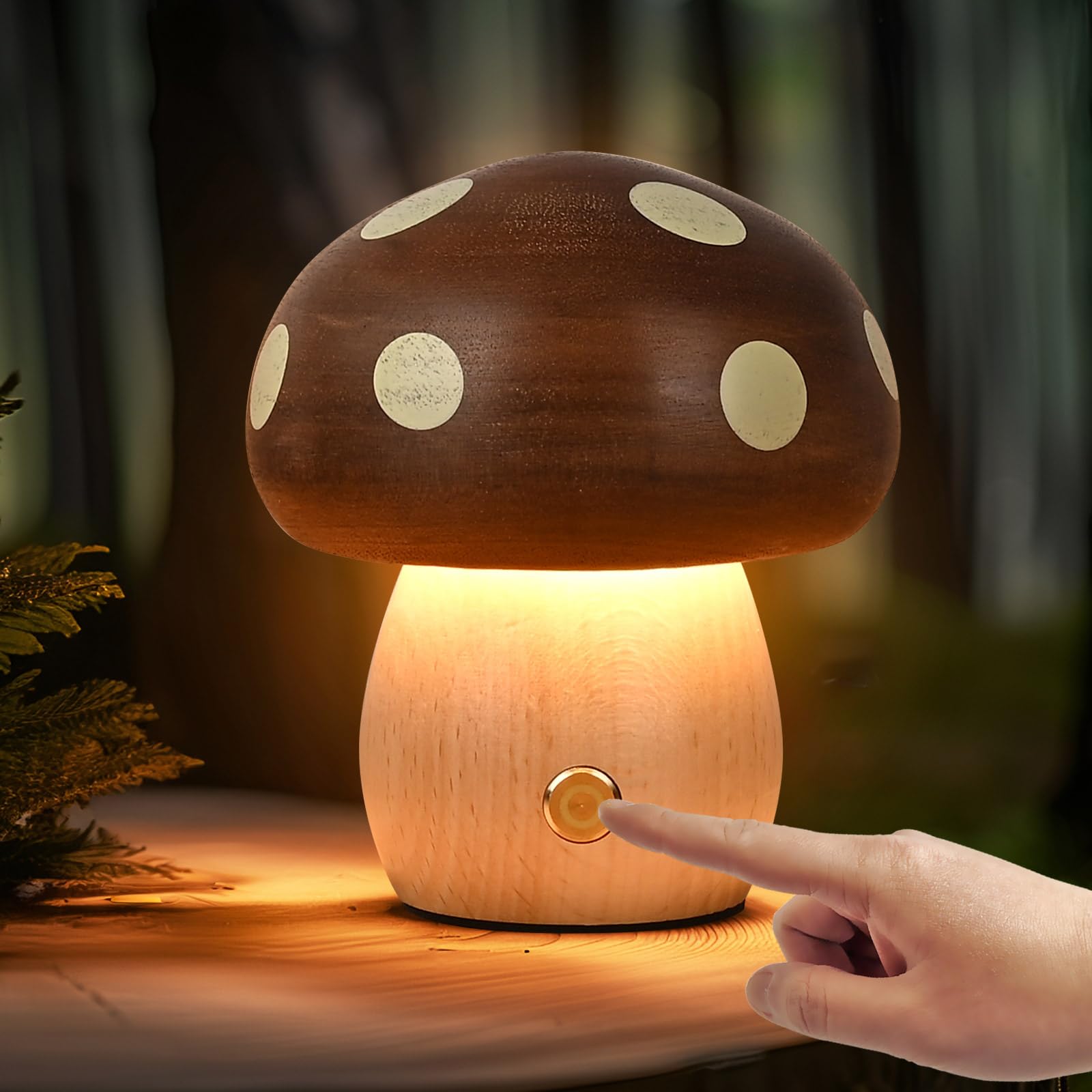 Moroommt Wood Mushroom Lamp  Rechargeable Small Bedside Lamp  Touch Mushroom Night Light Small Lamp For Nightstand  Portable Battery Operated Lights For Bedroom Kids Birthday Gifts
