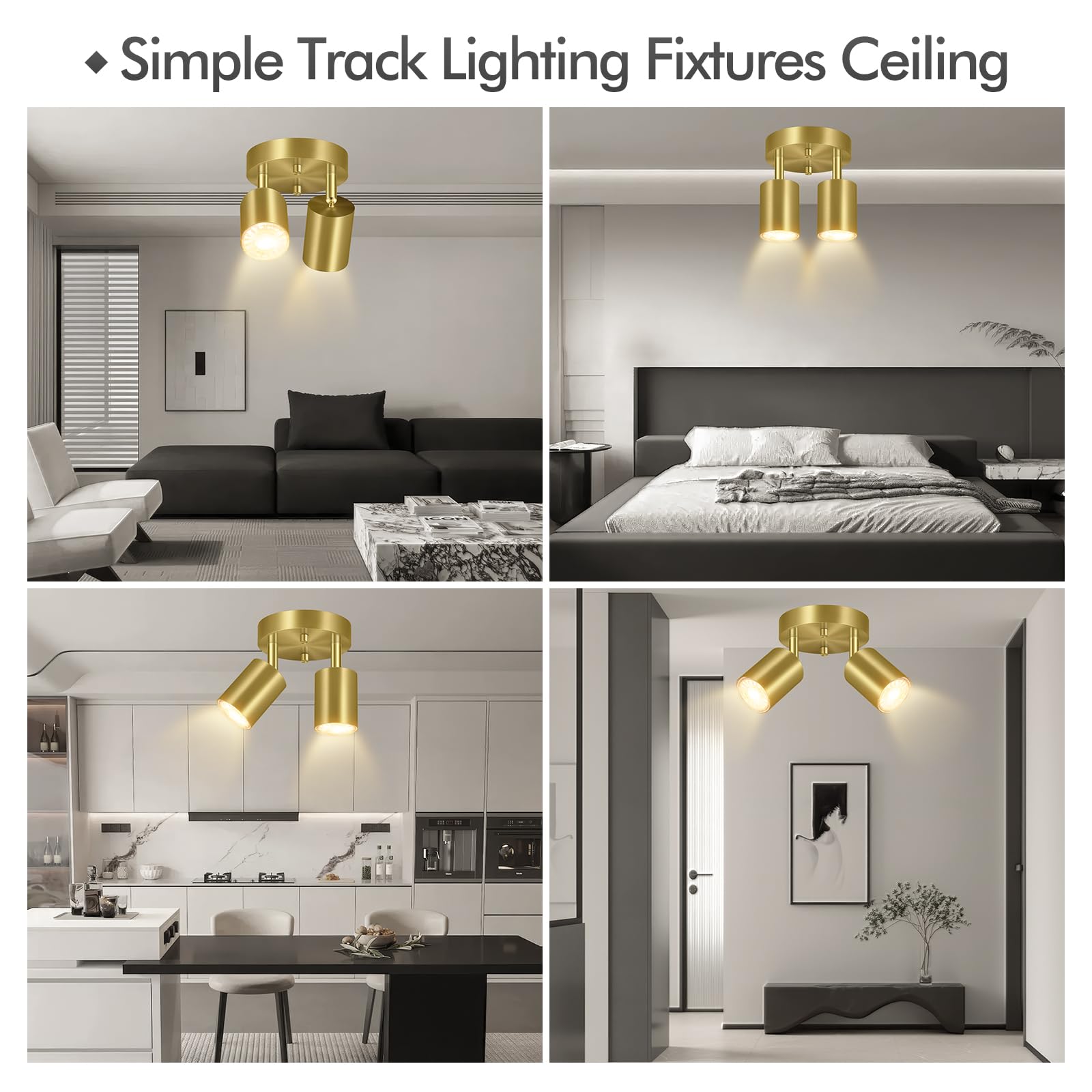 Bricosmocon 2-Light Track Lighting Fixtures, Gold Metal Adjustable Ceiling Spotlight, Model FC0323, Ideal for Kitchen/Living Room