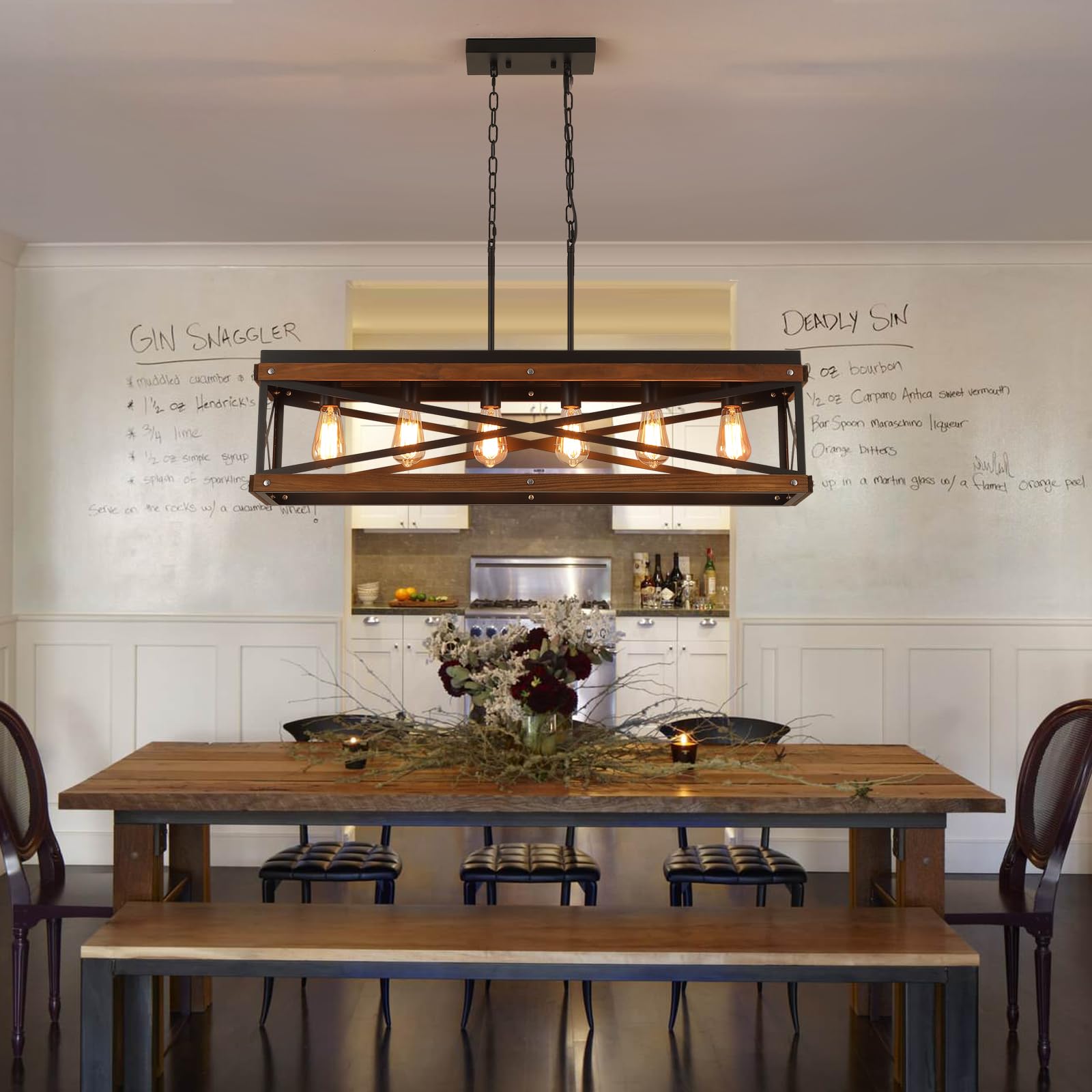 Rustic Farmhouse Wood Kitchen Island Lighting  6 Lights Rectangular Pendant Light Fixture  Adjustable Chain Oak Wood And Metal Linear Chandelier For Dining Room Kitchen Island Farmhouse  Black
