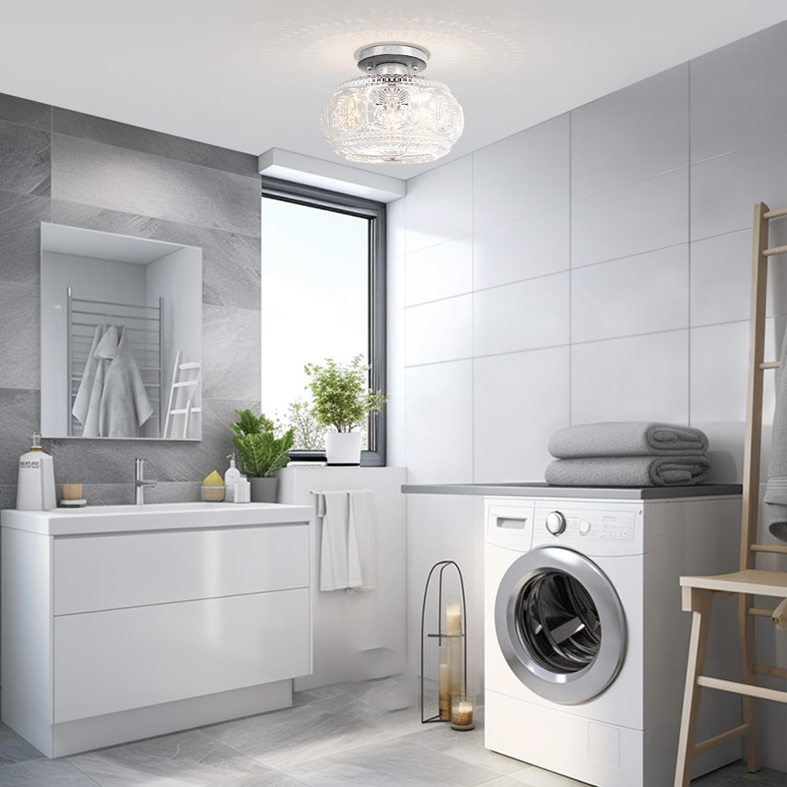 Oykyohei Semi Flush Mount Ceiling Light, Globe Glass Ceiling Light Fixture, Brushed White Oak Modern Lighting For Hallway Bedroo