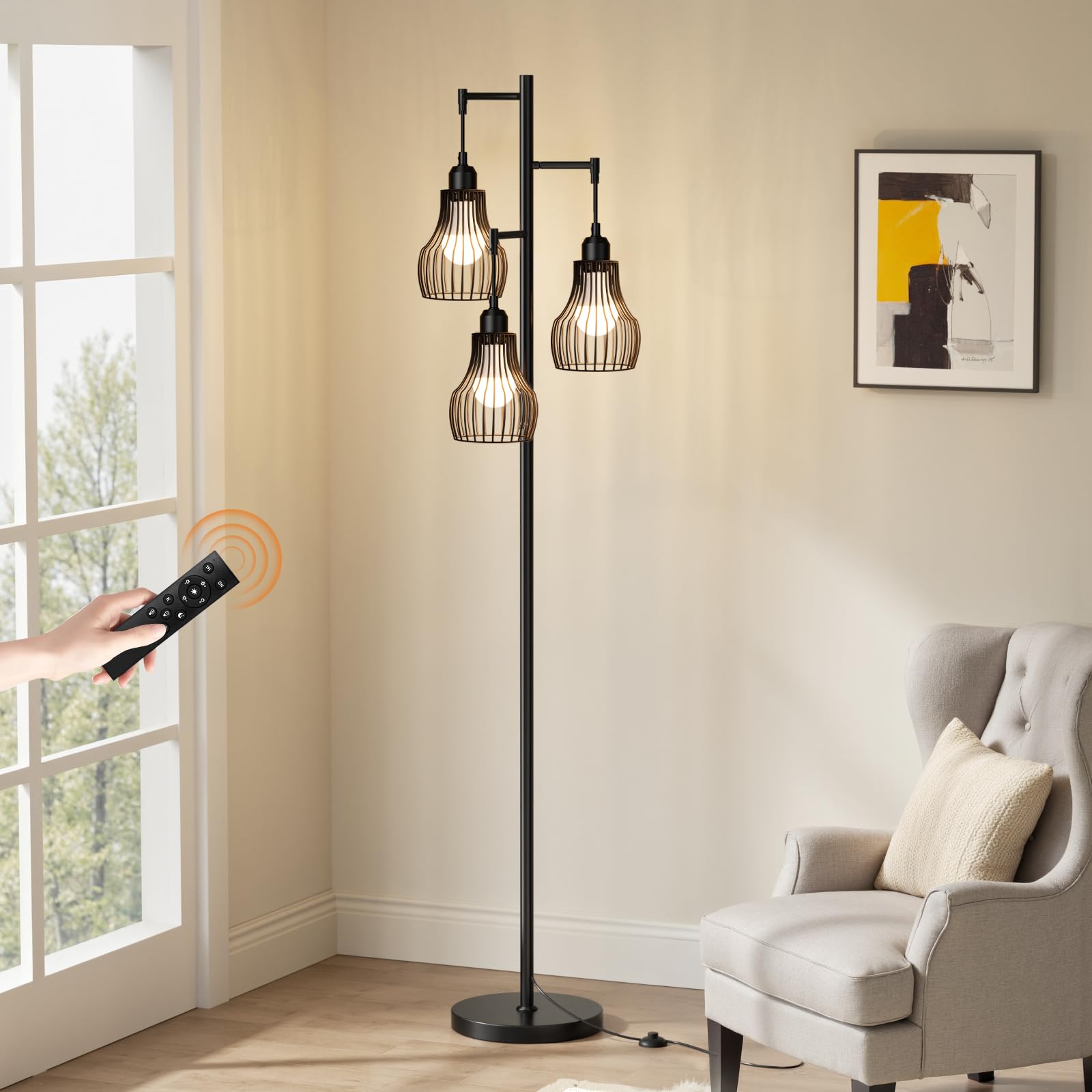 Ziisee Dimmable Floor Lamps for Living Room, Farmhouse Tree Standing Tall Lamp with Remote Control 3 Elegant Cage Shade LED Bulb