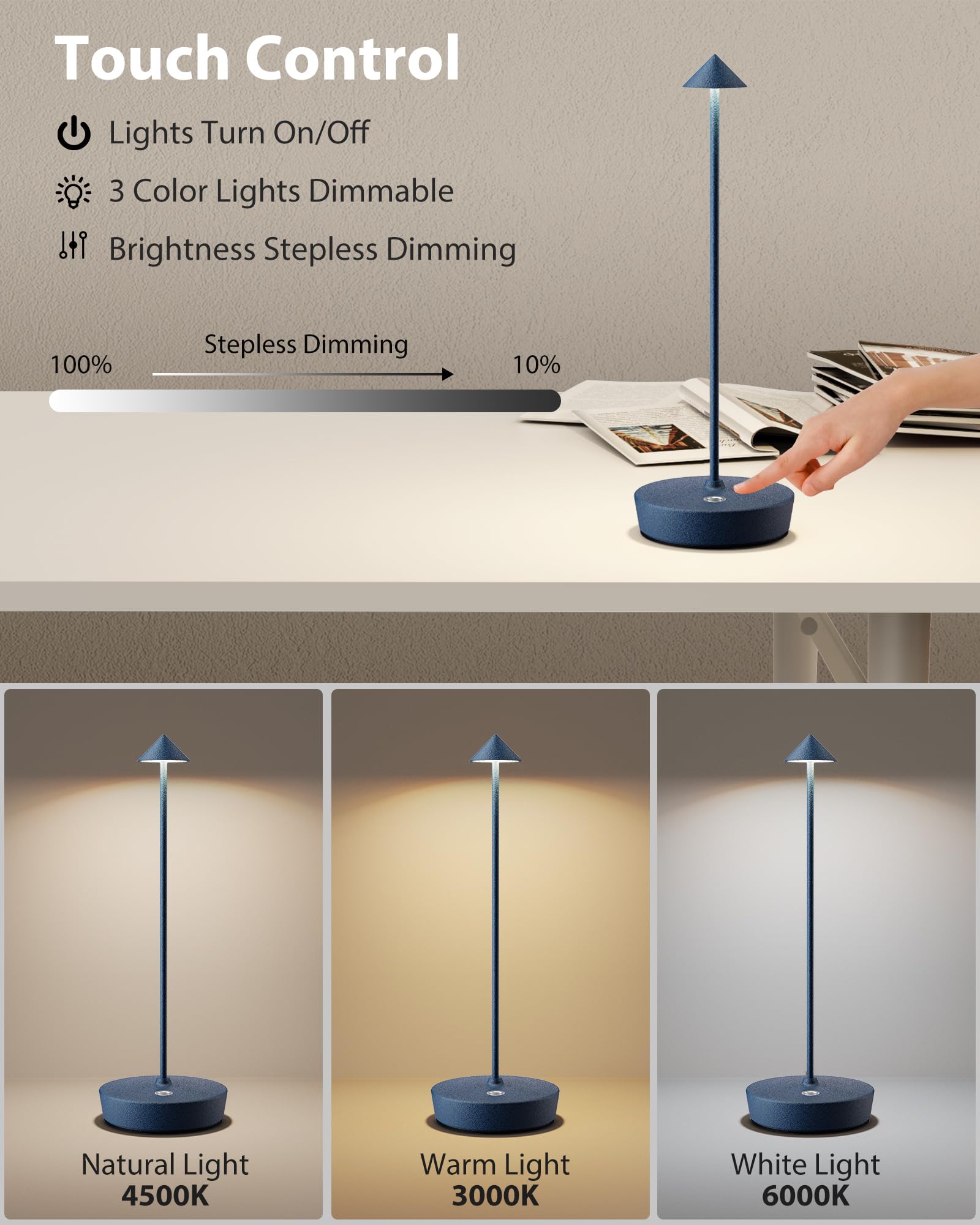SHANGCAI Cordless LED Table Lamps, Rechargeable, Waterproof, Touch Dimmable, Set of 2, Blue, Model SC-2PX12-Blue
