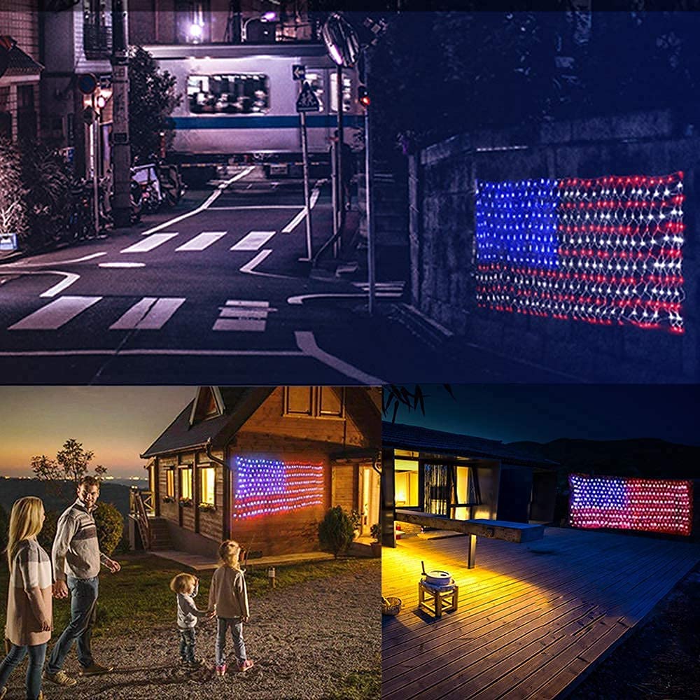 FUNIAO 420 LED American Flag Net Lights, Waterproof Patriotic Decor for 4th of July, Memorial Day, Red, White, Blue, Model YLS1000WD01