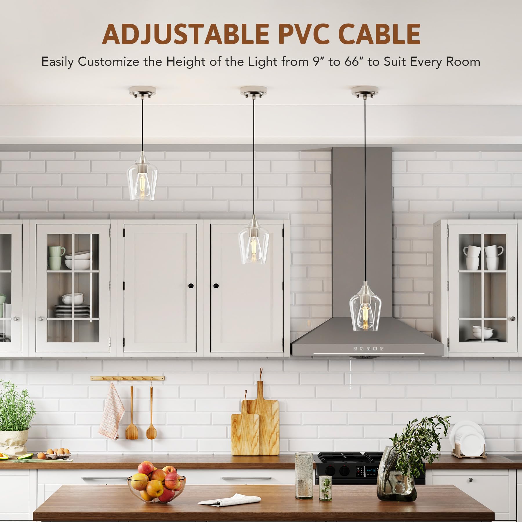 VONLUCE Brushed Nickel Pendant Lights, 3-Pack Adjustable Glass Shade Fixtures for Kitchen, Living Room, Bedroom - Model PDL-150N-3P