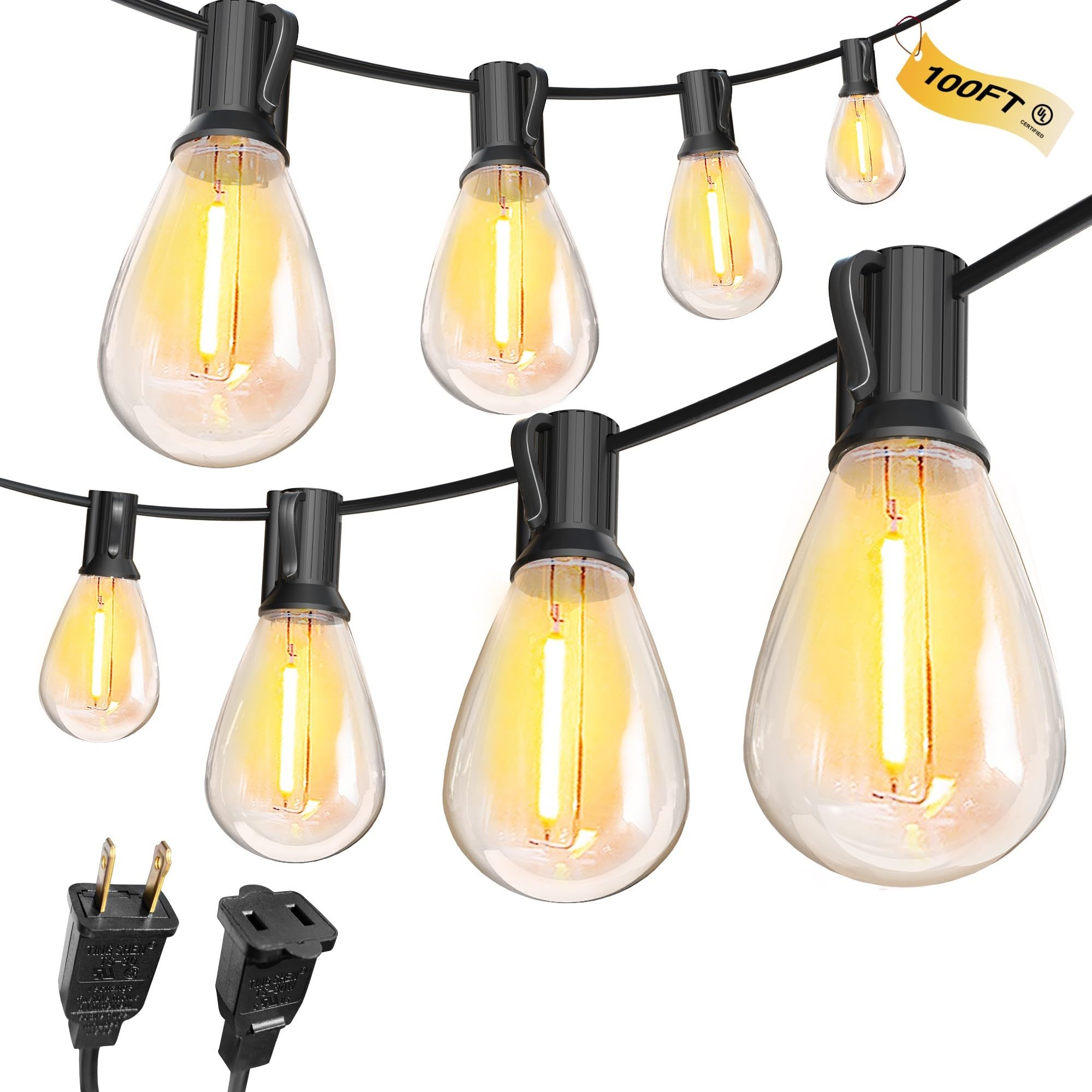 CABOCASA Outdoor String Lights 100FT for Outside Patio Lights with 50+2 Shatterproof S14 LED Dimmable Bulb, Outside Hanging Ligh