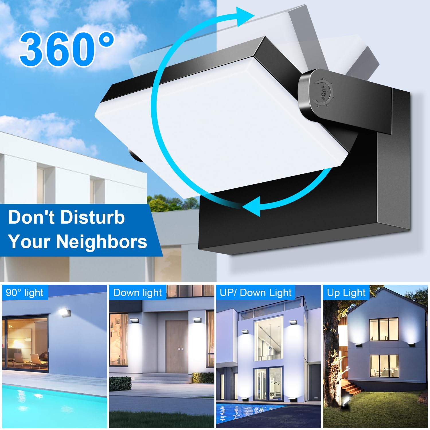 LEDMO 40W Outdoor Wall Lights - Waterproof 5000K Adjustable Black Aluminum Security Lighting, Model 1360