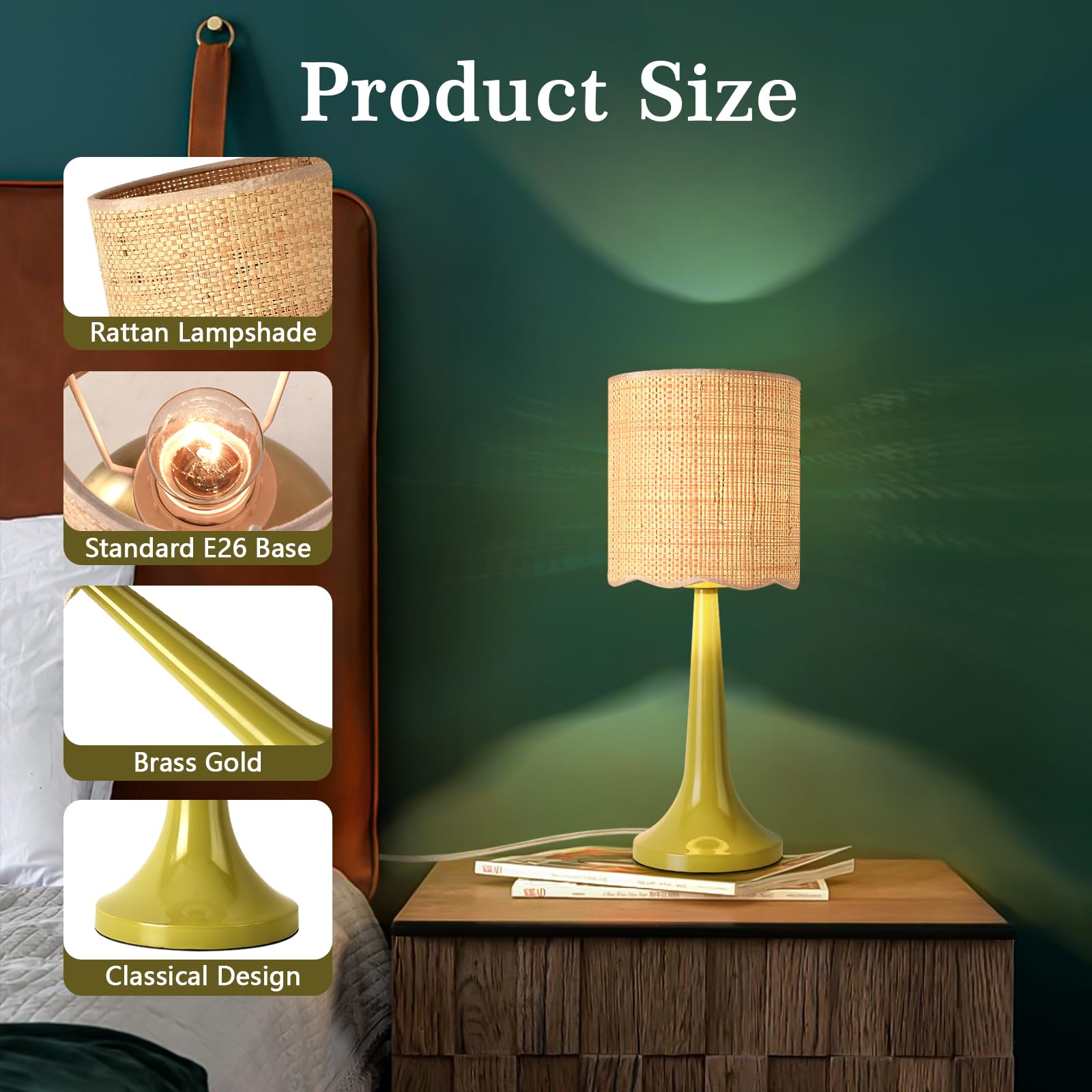 Green Rattan Small Table Lamp For Bedroom, Green Bedroom Lamps For Bedside Nightstand, Small Rattan Shade Table Shape Lamps For
