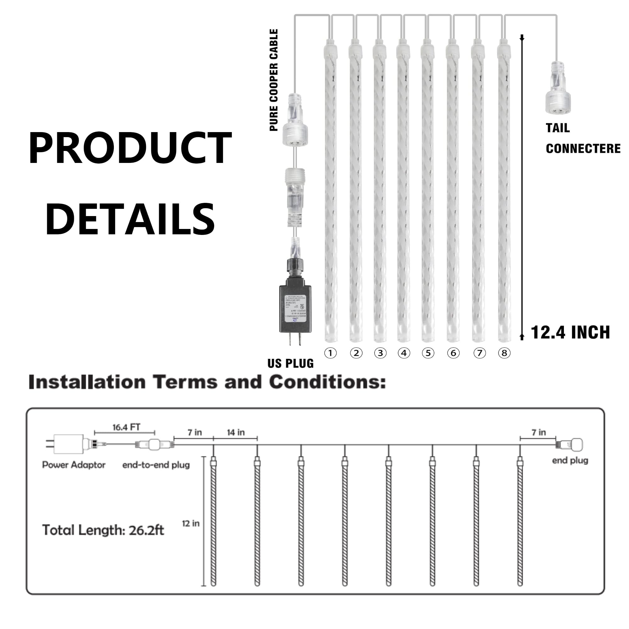 Tw Shine Christmas Meteor Shower Lights Outdoor, 288 Led 12'' 8 Tubes Waterproof Christmas Lights Outdoor Plug In, Snow Falling