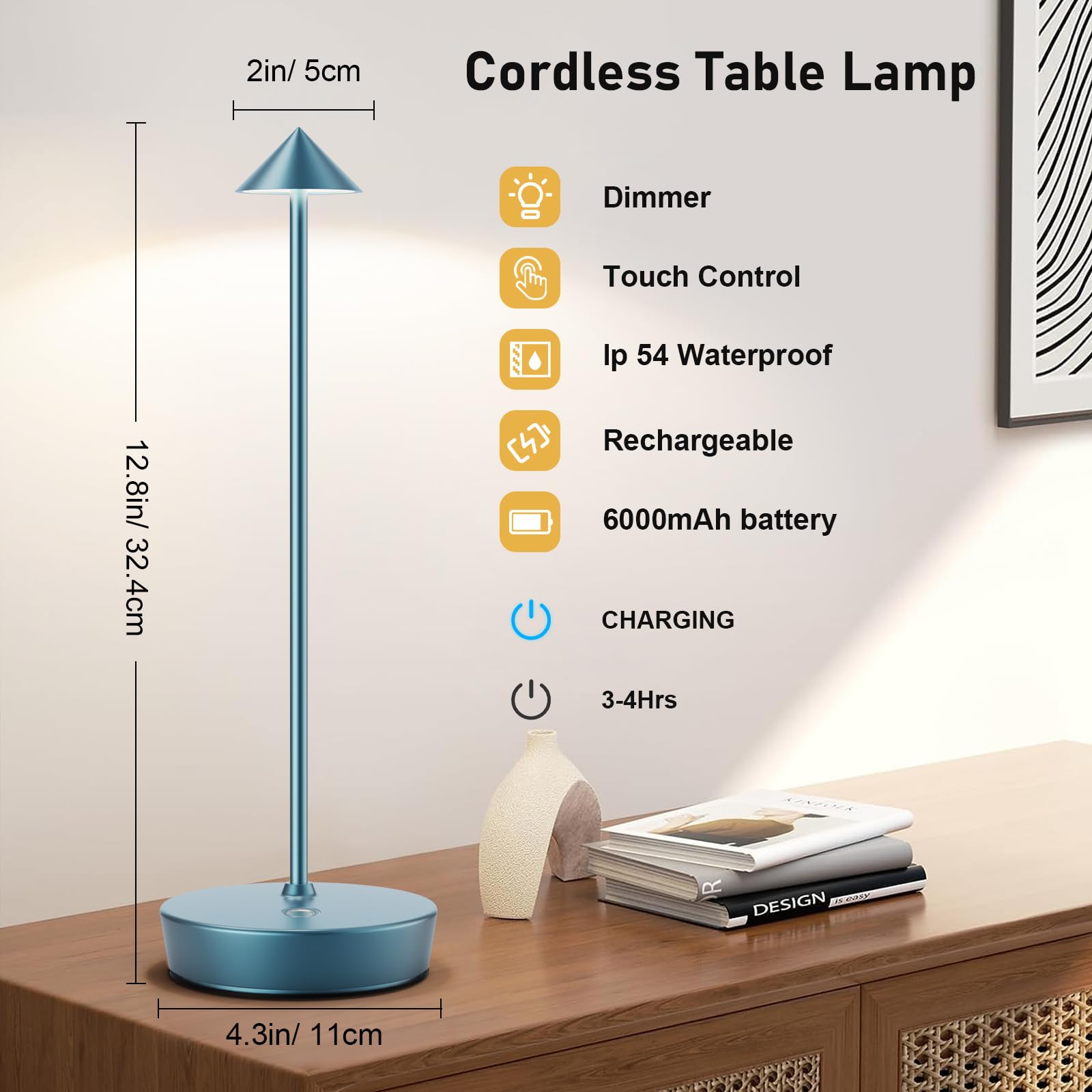 Tpczqj Rechargeable Cordless Table Lamp, LED, 6000mAh, Touch 3 Color Dimming, Waterproof, One-Blue, Model x12