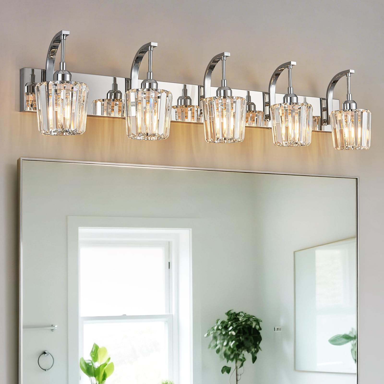 Fdpby Modern Bathroom Vanity Light  5-Light Chrome Wall Sconce With Crystal Accents  Over Mirror Bathroom Lighting Fixture  42.52 Long Dimmable Vanity Lamp For Makeup  Easy Installation