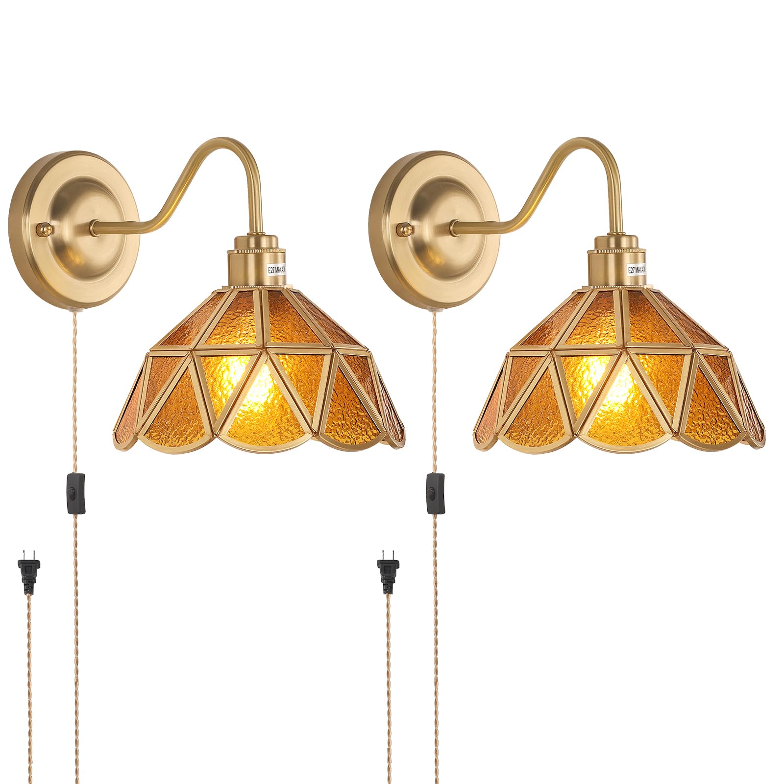 Shenmoyl Plug In Wall Sconces Set Of 2, Vintage Wall Lamps With Coffee Stone Triangle Checker Glass Shade, Gold Lights Fixture Decor For Bedroom Bathroom Living Room Hallway