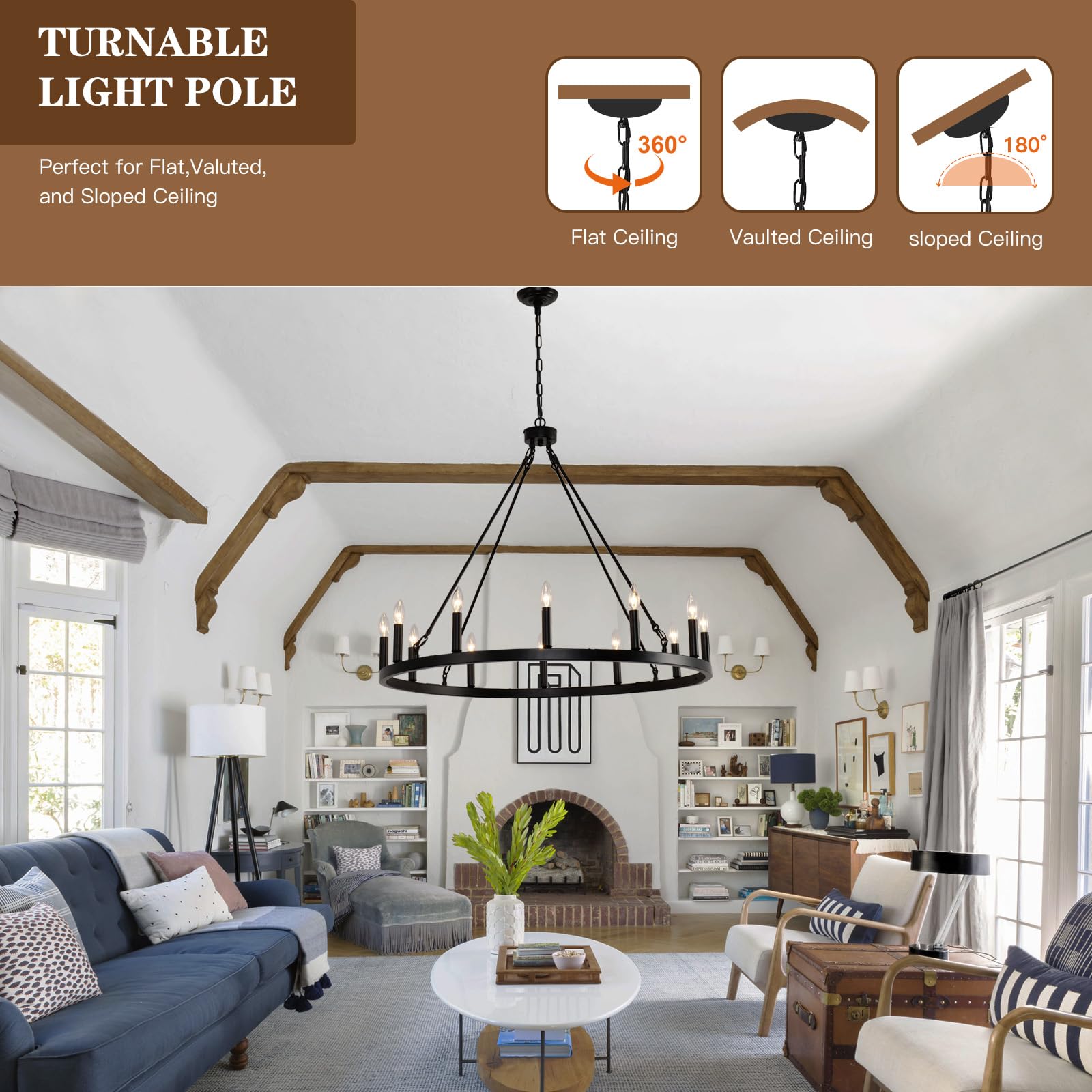 Baoure 38 Inch Black Wagon Wheel Chandelier, 12-Light Farmhouse Industrial Round Wagon Wheel Chandelier For Outdoor Porch Living Room Hallway Foyer