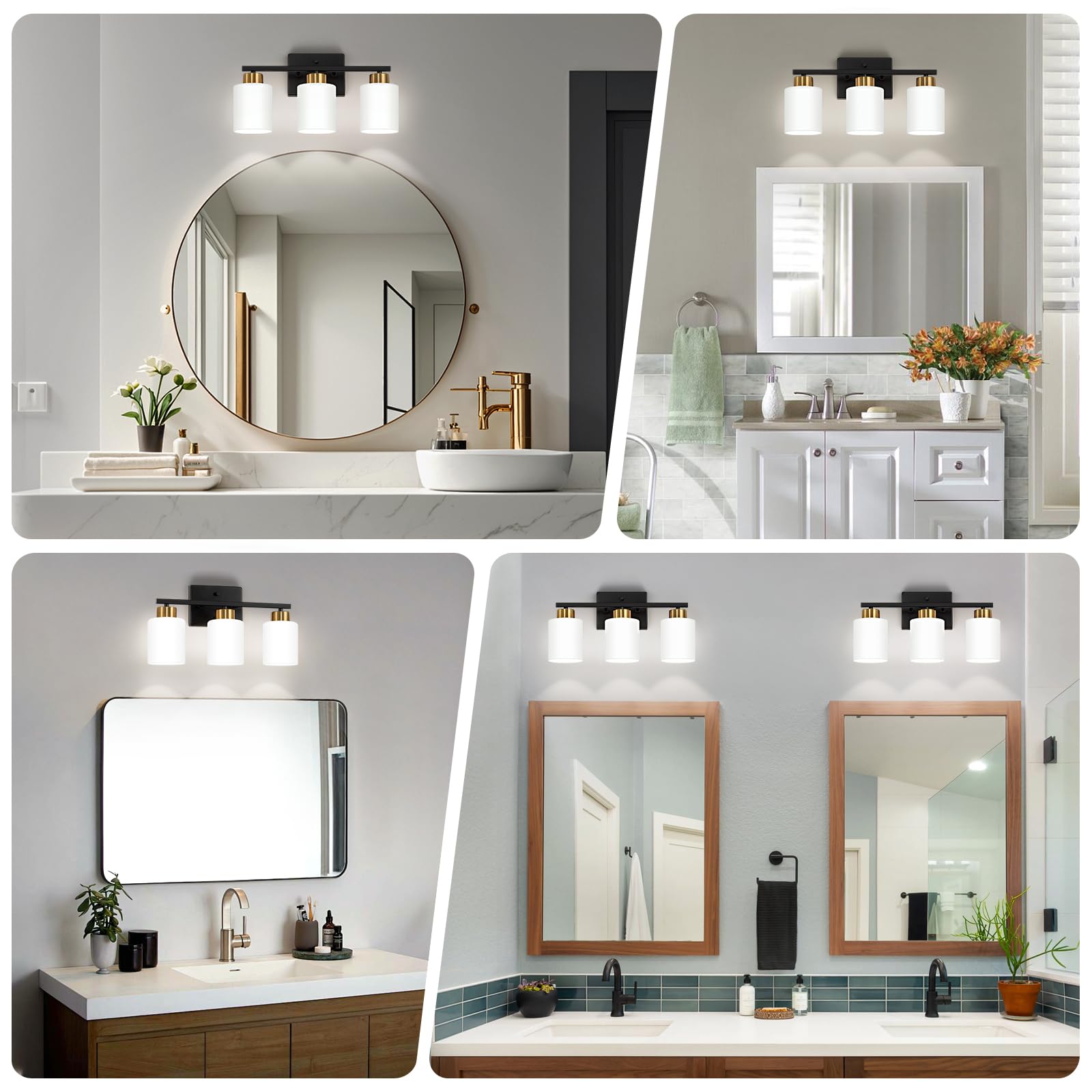 Fonmyim Black And Gold Bathroom Light Fixtures, 3-Light Modern Vanity Light Over Mirror, Wall Sconces With Milky White Frosted G