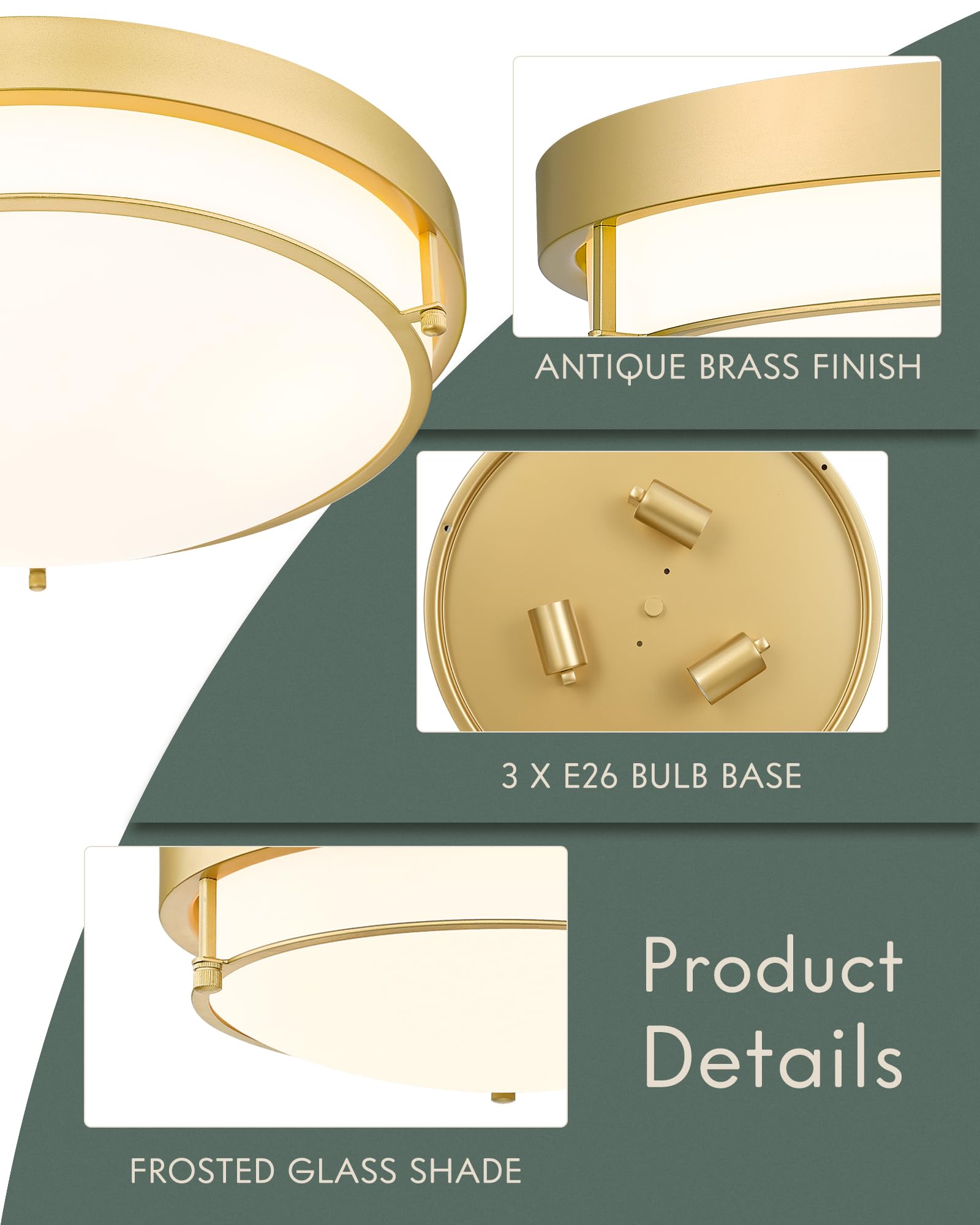 Cargifak 16in Flush Mount Ceiling Light, Frosted Glass Shade, Brass Gold, Model CKCL4822-3W-BB
