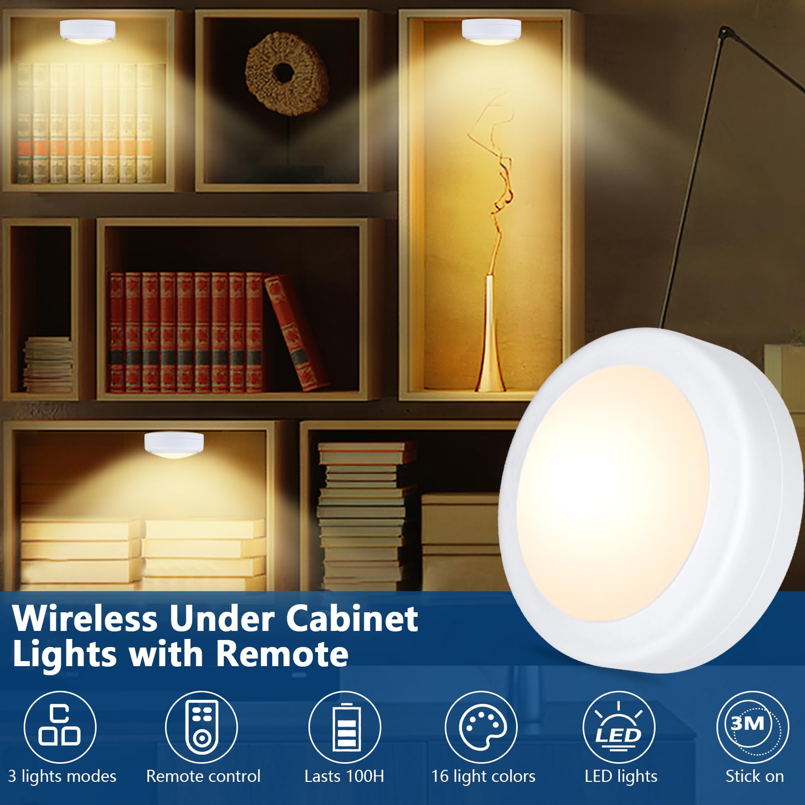 Yiliaw LED Puck Lights, Remote Control, 16 Color Changeable, 12 Packs, White, Battery Operated, for Closet, Bedroom, Kitchen