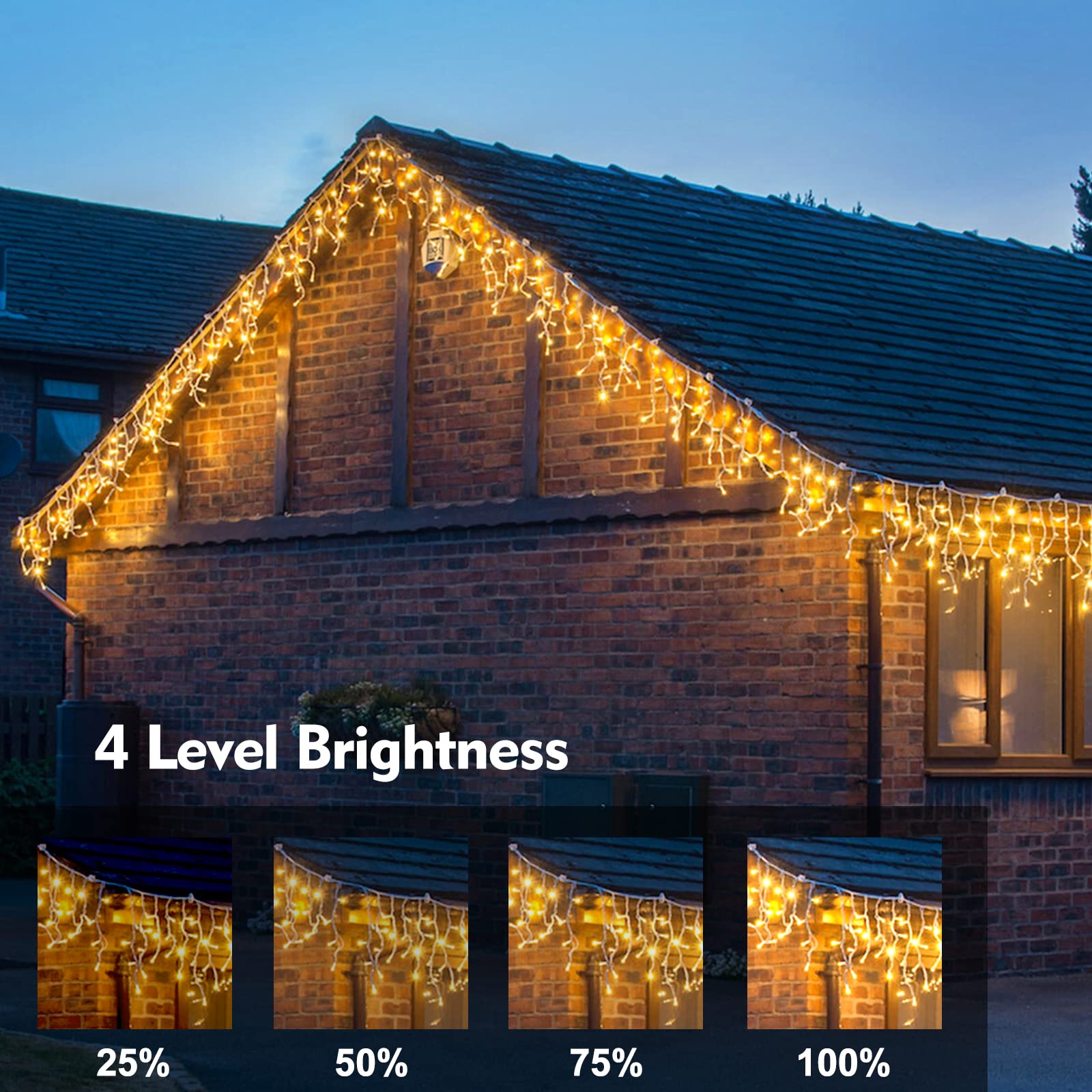 Christmas Icicle Lights Outdoor Decorations 640 Led 65.6 Ft Icicle String Lights With 120 Drops, 8 Modes Curtain Fairy Icicle Lights For Christmas Wedding Party Eaves Patio Yard (Warm White)