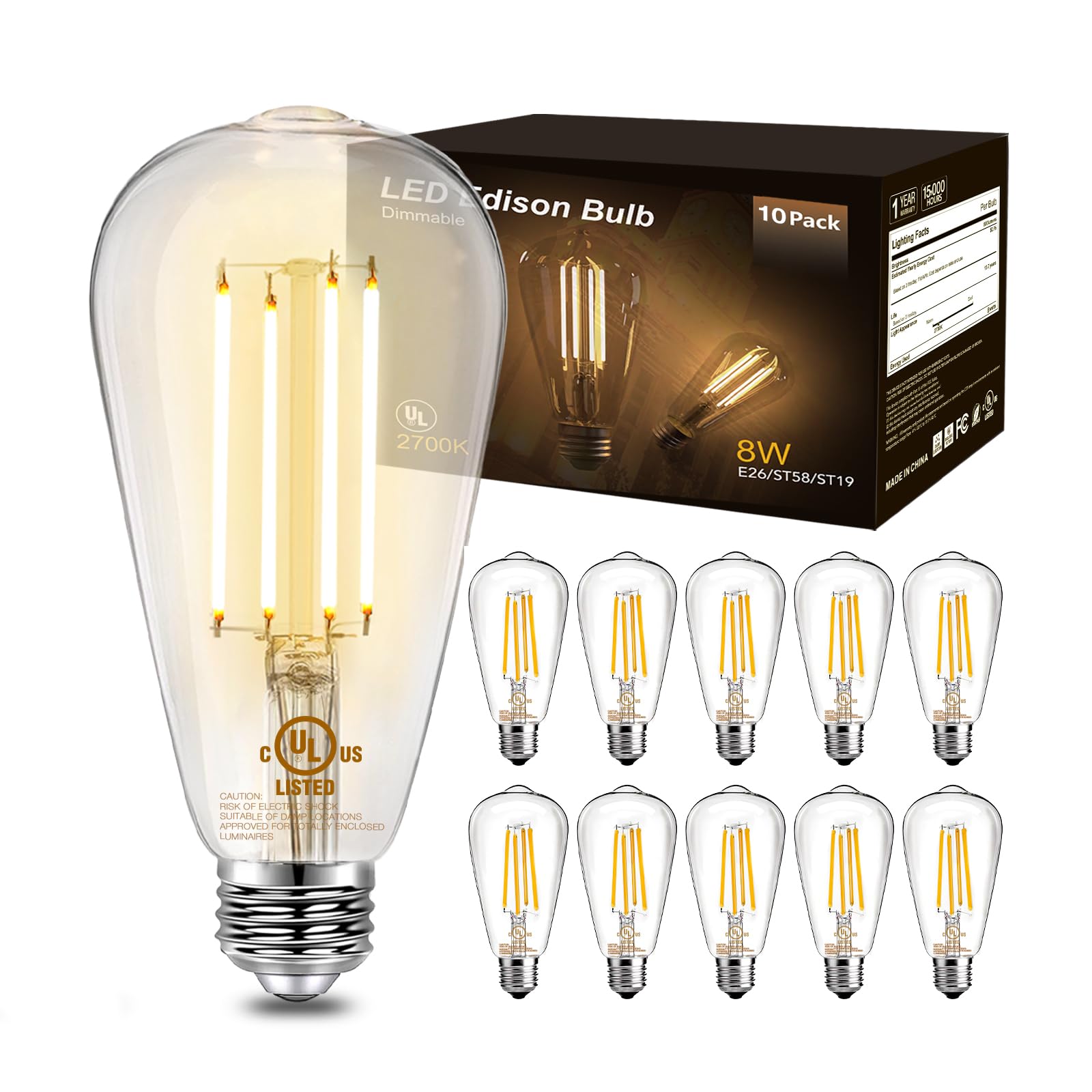DAYBETTER 10 Pack LED Lights, Vintage LED Edison Bulbs 60 Watt Equivalent, ST58 Antique LED Filament Light Bulbs, E26 Dimmable LED Bulb with Warm White 2700K, Brightness 8W, 800LM, Clear Glass