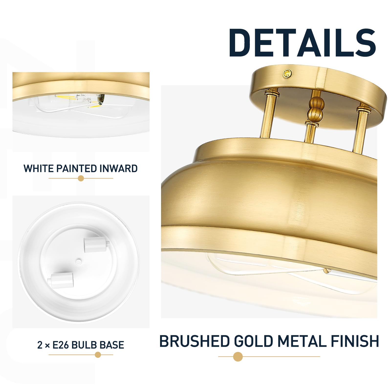 Zeyu 2-Light Vintage Flush Mount Light Fixture, Semi Flush Ceiling Light Fixture For Bedroom Kitchen, Metal Dome Shade In Brushe