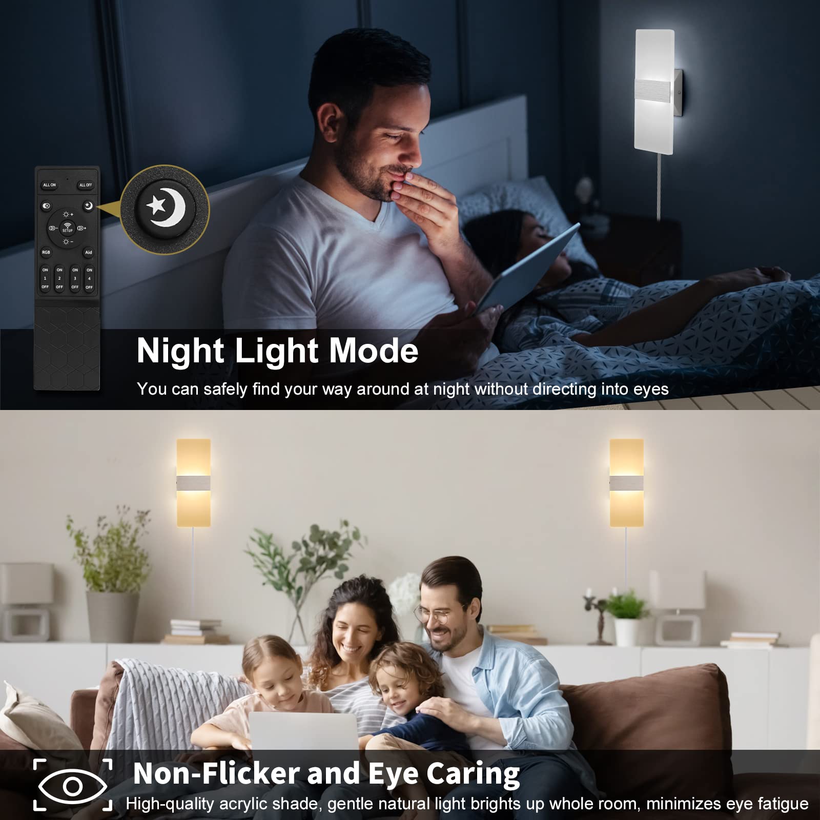 ENCOMLI Plug in Wall Sconces with Stepless Adjustable 3000K-6500K Colors and 10%-100% Brightness, Sconces Wall Lighting with Rem