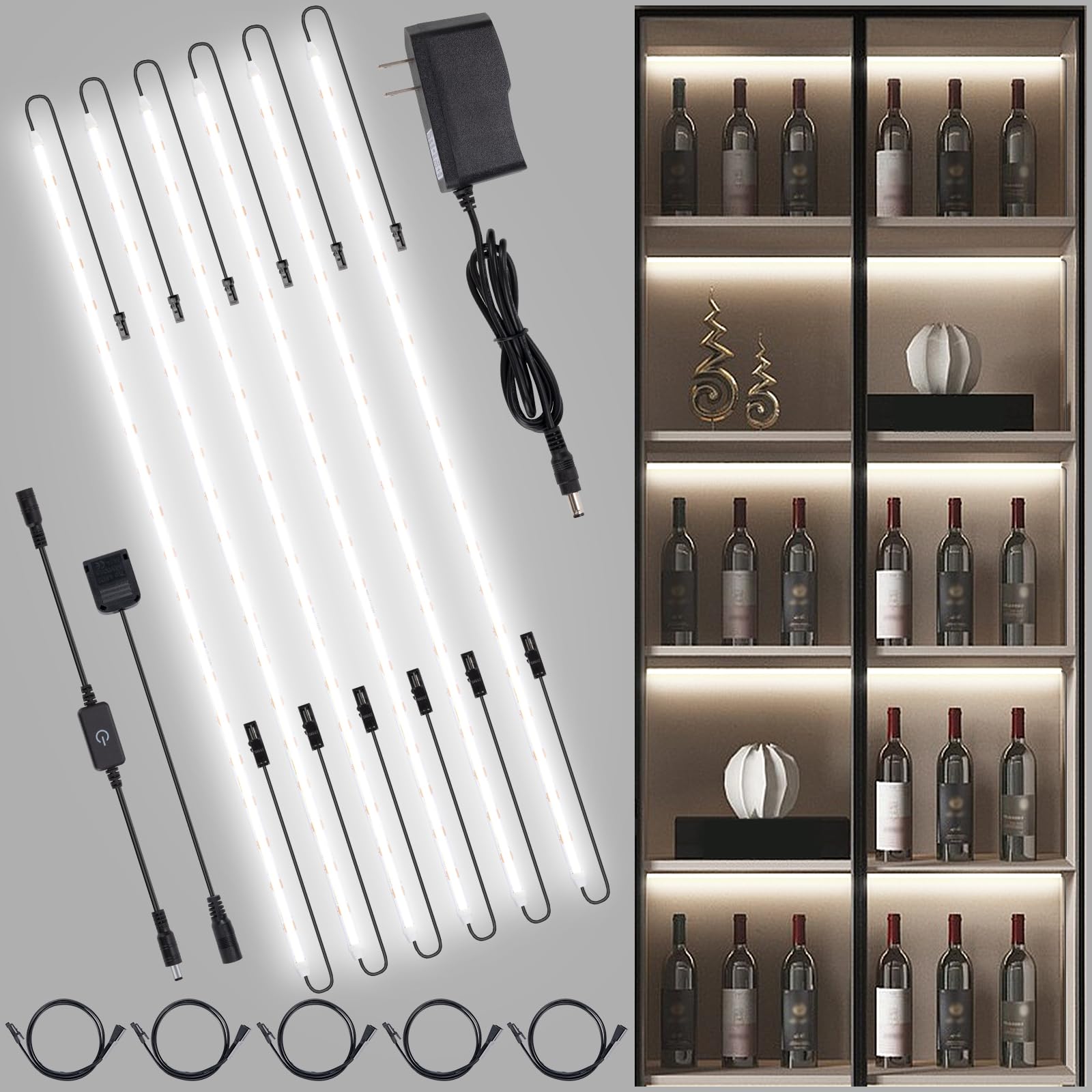 JUSJUBR LED Lights for Shelves  6 PCS 20 Inch Dimmable Flexible COB LED Band Lights for Cabinet  Display Case  Bookshelf  Kitchen  Wardrobe and Closet  Under Cabinet Lighting Cold White 6000K